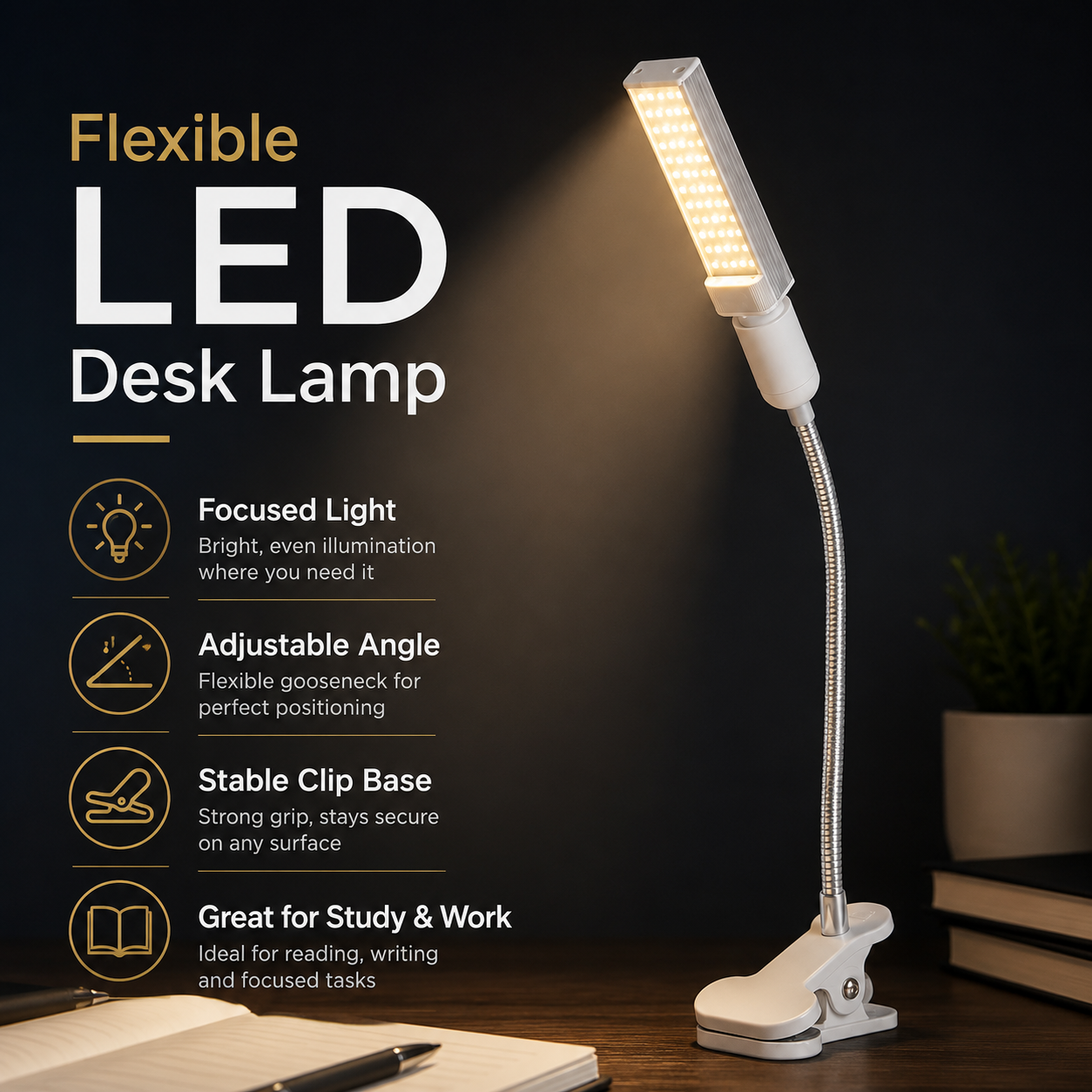 Flexible LED Desk Lamp with Adjustable Gooseneck, Wide Light Panel and Clamp Base for Study, Reading and Repair Work - Image 3