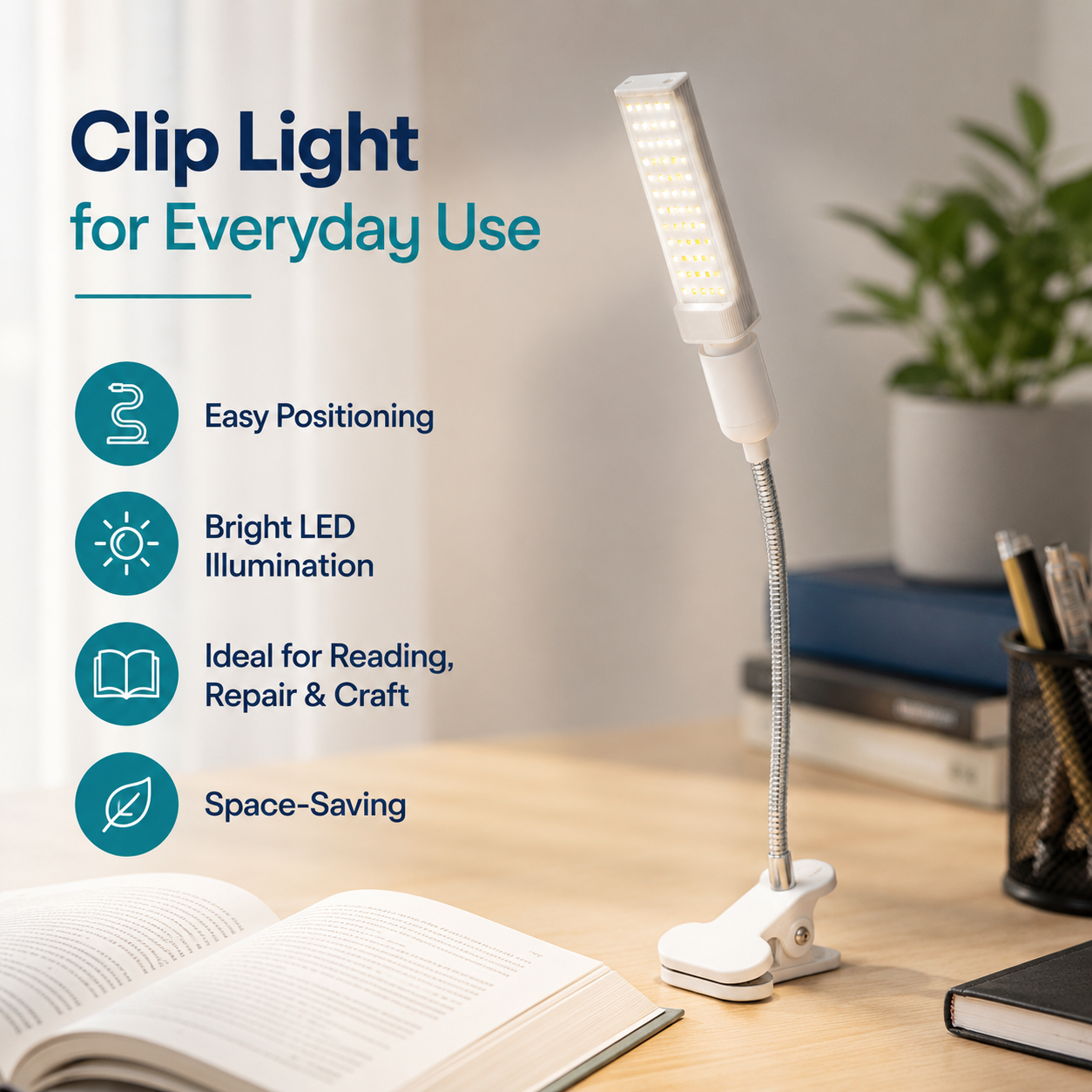 Flexible LED Desk Lamp with Adjustable Gooseneck, Wide Light Panel and Clamp Base for Study, Reading and Repair Work - Image 7