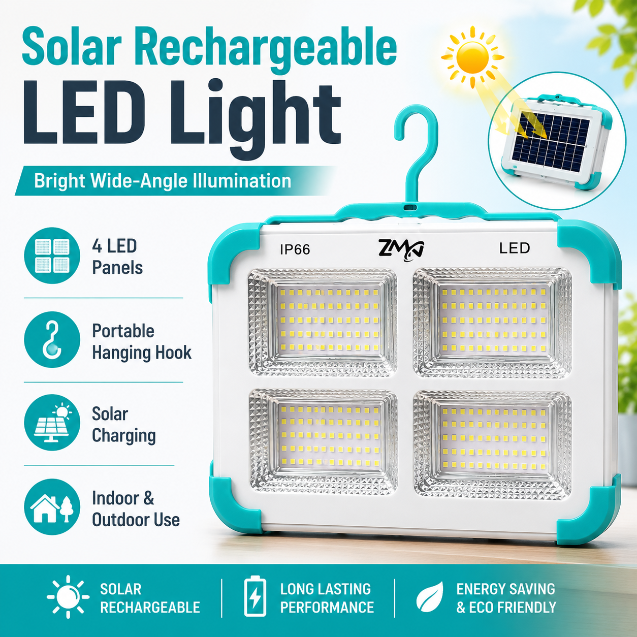 Solar Rechargeable IP66 LED Work Light with 4-Panel Floodlight, Carry Handle and Hanging Strap - Image 6