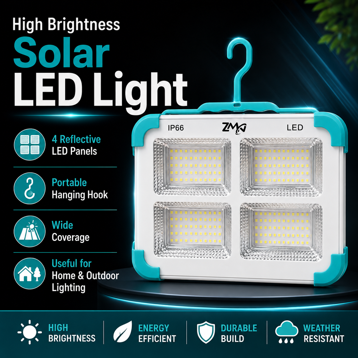 Solar Rechargeable IP66 LED Work Light with 4-Panel Floodlight, Carry Handle and Hanging Strap - Image 5