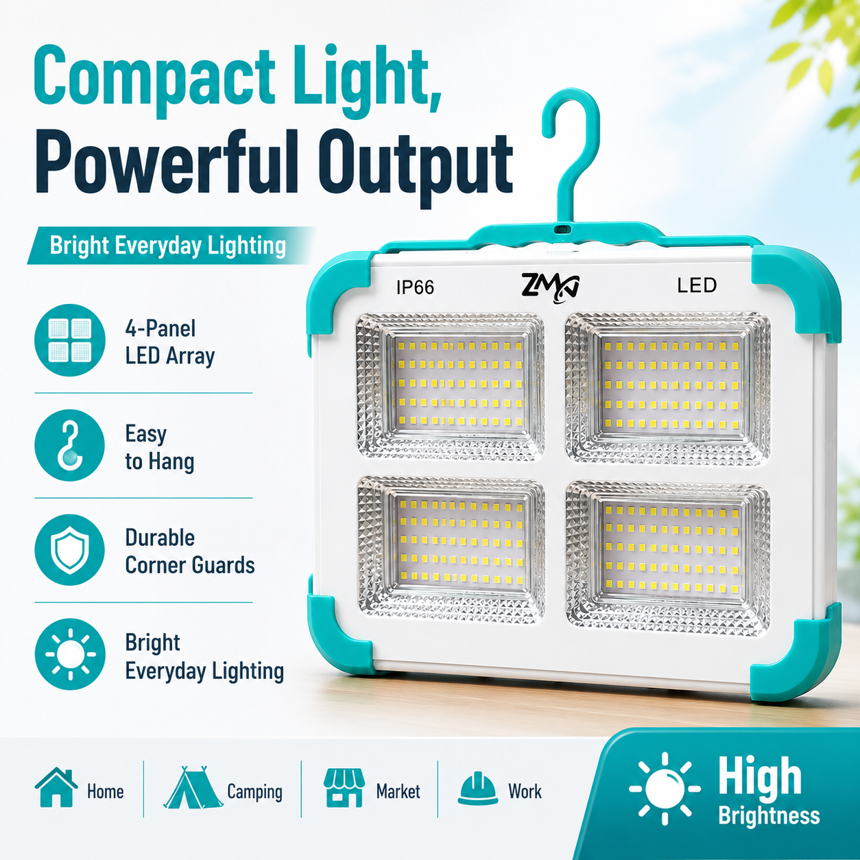 Solar Rechargeable IP66 LED Work Light with 4-Panel Floodlight, Carry Handle and Hanging Strap - Image 2