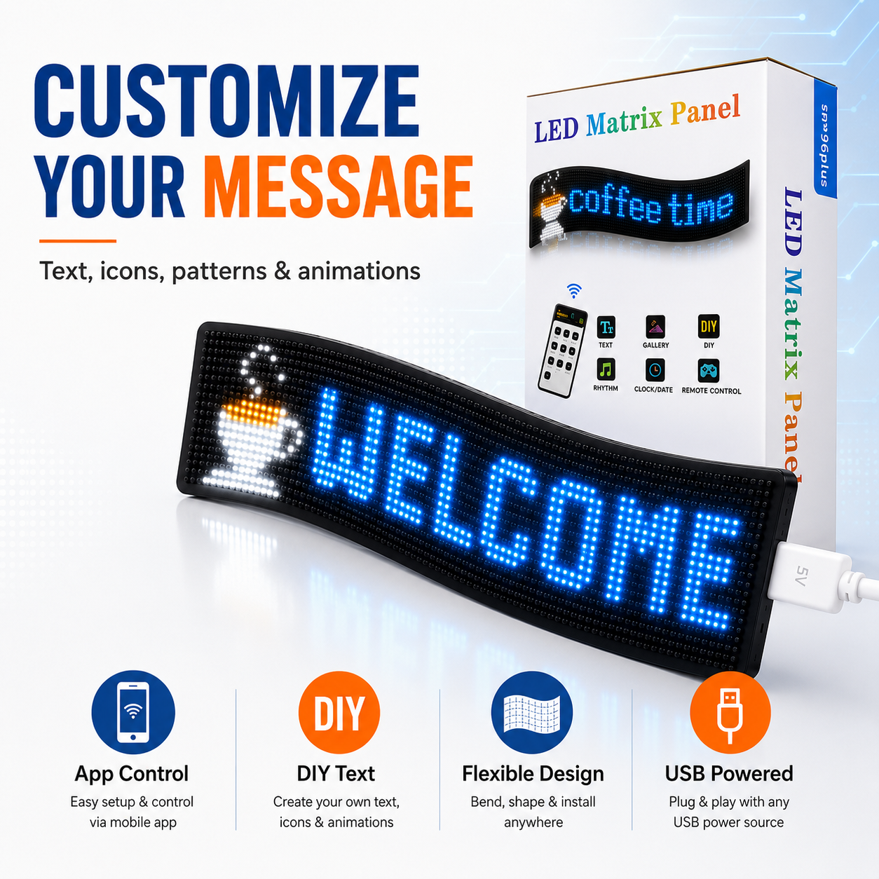 Programmable Flexible LED Matrix Display Panel with Remote Control – Custom Text, Images, Clock and Music Rhythm Sign - Image 2