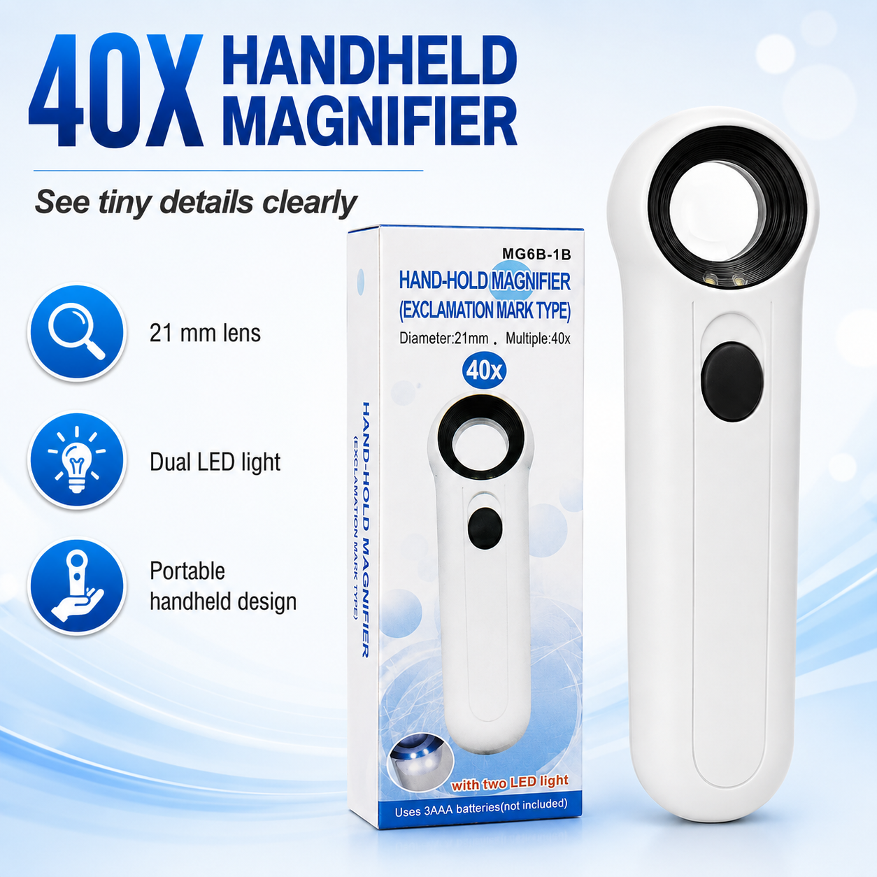 40X Handheld LED Magnifying Glass with 21mm Lens – Portable Inspection Magnifier MGB-1B - Image 3