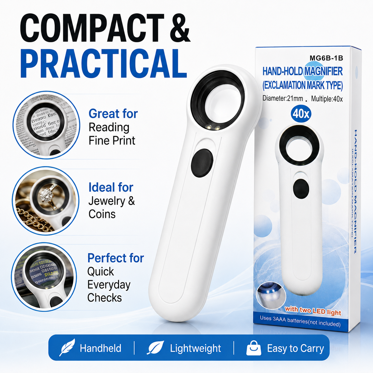 40X Handheld LED Magnifying Glass with 21mm Lens – Portable Inspection Magnifier MGB-1B - Image 4