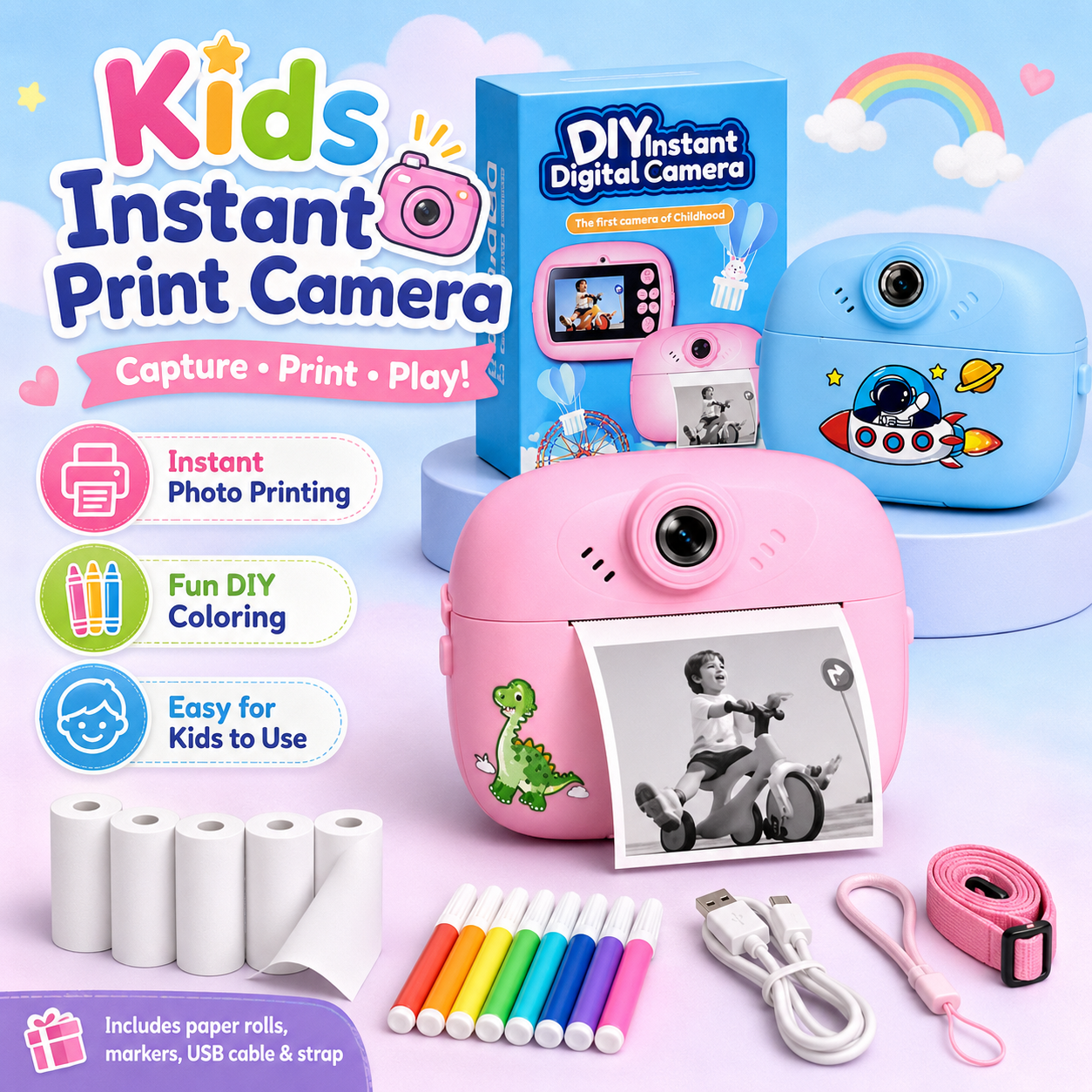 Kids Instant Print Digital Camera with Thermal Paper Rolls, Colour Markers & Lanyard - Image 4