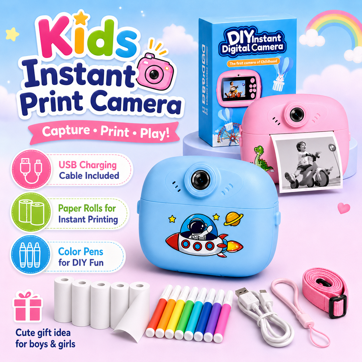 Kids Instant Print Digital Camera with Thermal Paper Rolls, Colour Markers & Lanyard - Image 5