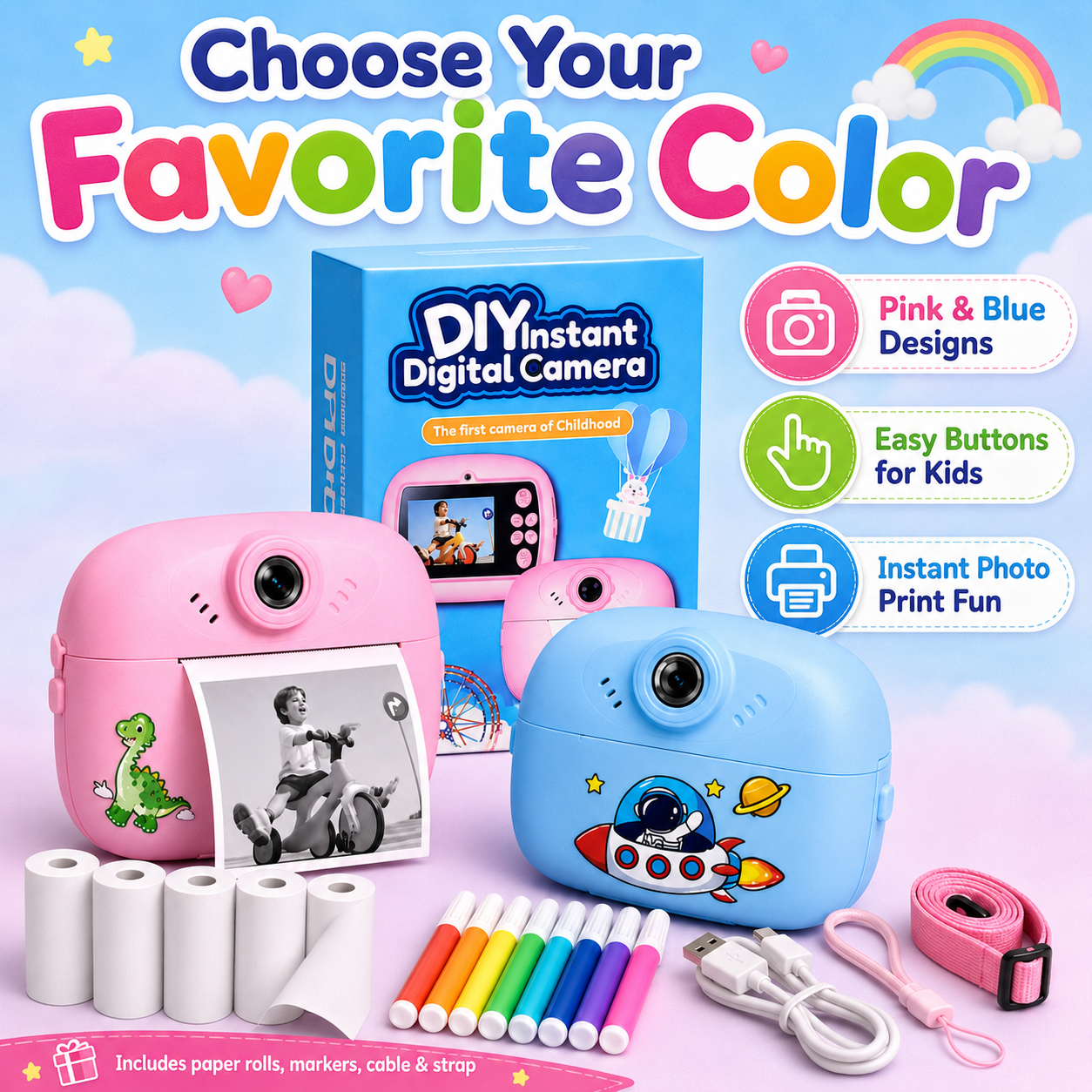 Kids Instant Print Digital Camera with Thermal Paper Rolls, Colour Markers & Lanyard - Image 6