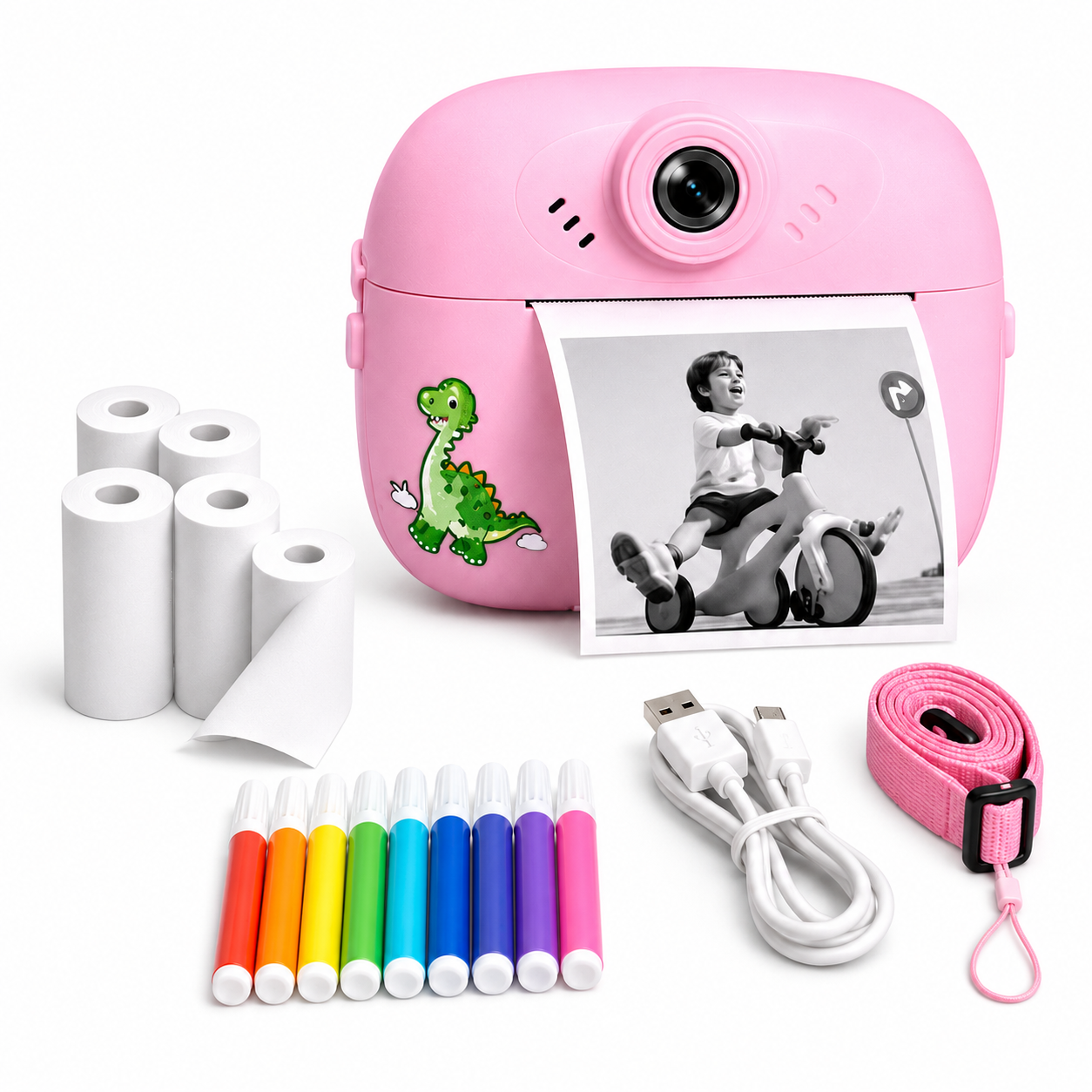 Kids Instant Print Digital Camera with Thermal Paper Rolls, Colour Markers & Lanyard - Image 2