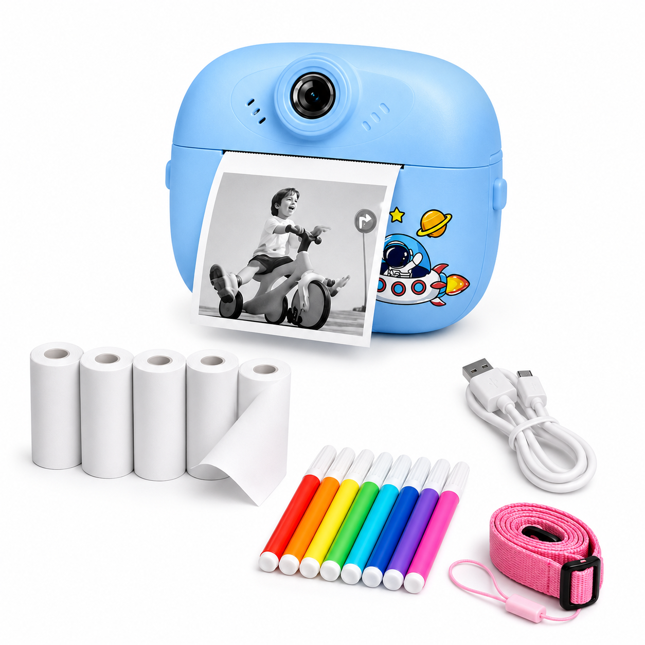 Kids Instant Print Digital Camera with Thermal Paper Rolls, Colour Markers & Lanyard