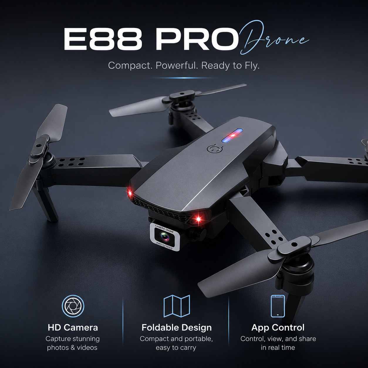 E88 Pro Foldable HD Camera Drone with App Control, LED Lights & Real-Time Video – Rechargeable RC Quadcopter - Image 2