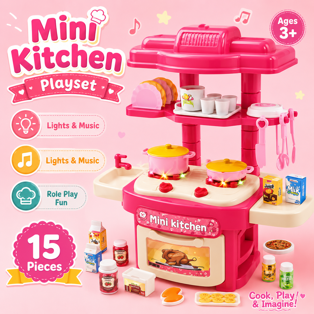 45-Piece Kids Mini Kitchen Play Set with Lights, Sounds, Stove, Sink & Cooking Accessories – Pink - Image 3