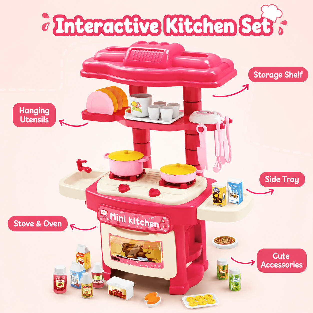 45-Piece Kids Mini Kitchen Play Set with Lights, Sounds, Stove, Sink & Cooking Accessories – Pink - Image 2