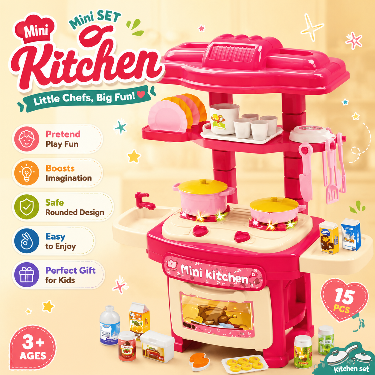 45-Piece Kids Mini Kitchen Play Set with Lights, Sounds, Stove, Sink & Cooking Accessories – Pink - Image 4