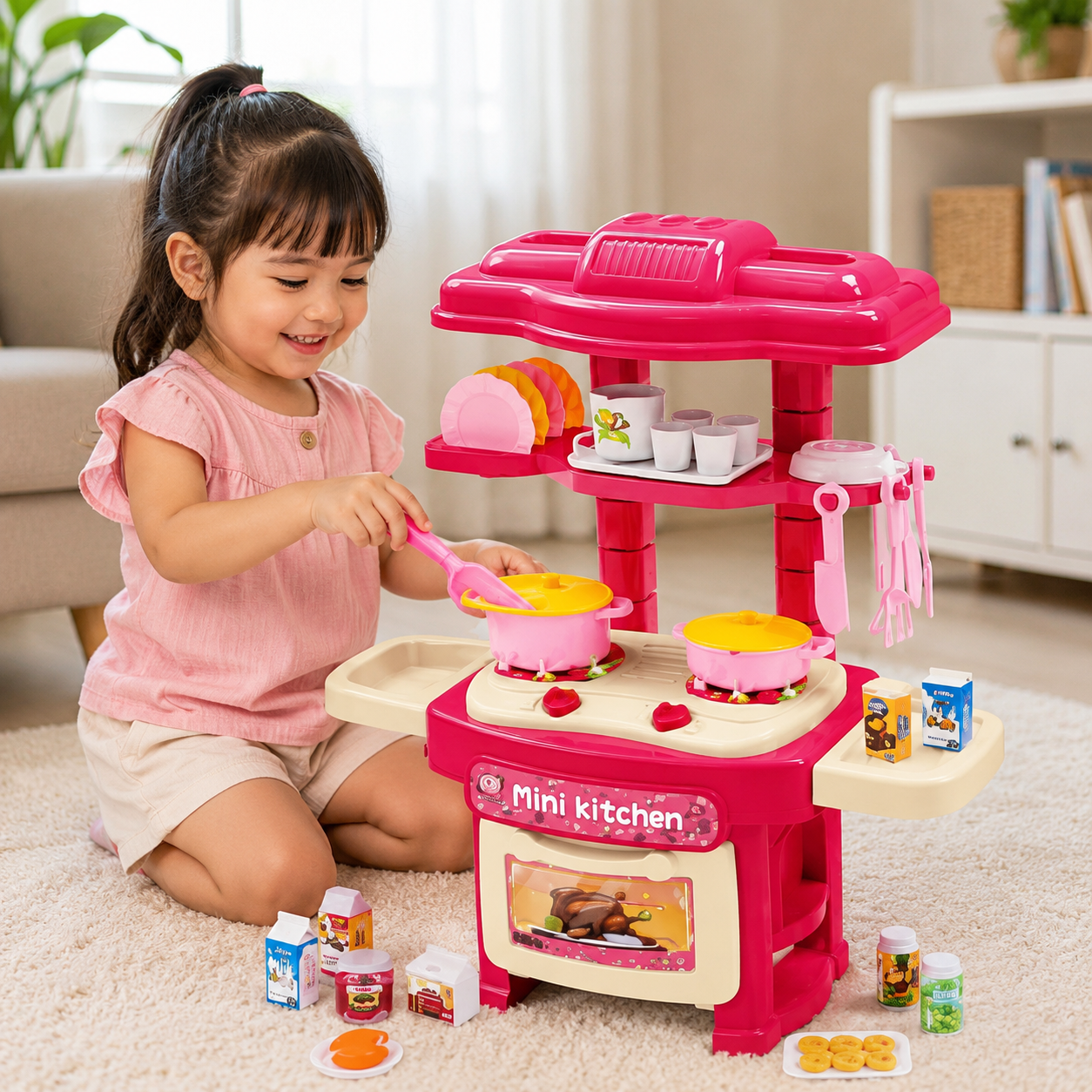45-Piece Kids Mini Kitchen Play Set with Lights, Sounds, Stove, Sink & Cooking Accessories – Pink - Image 6