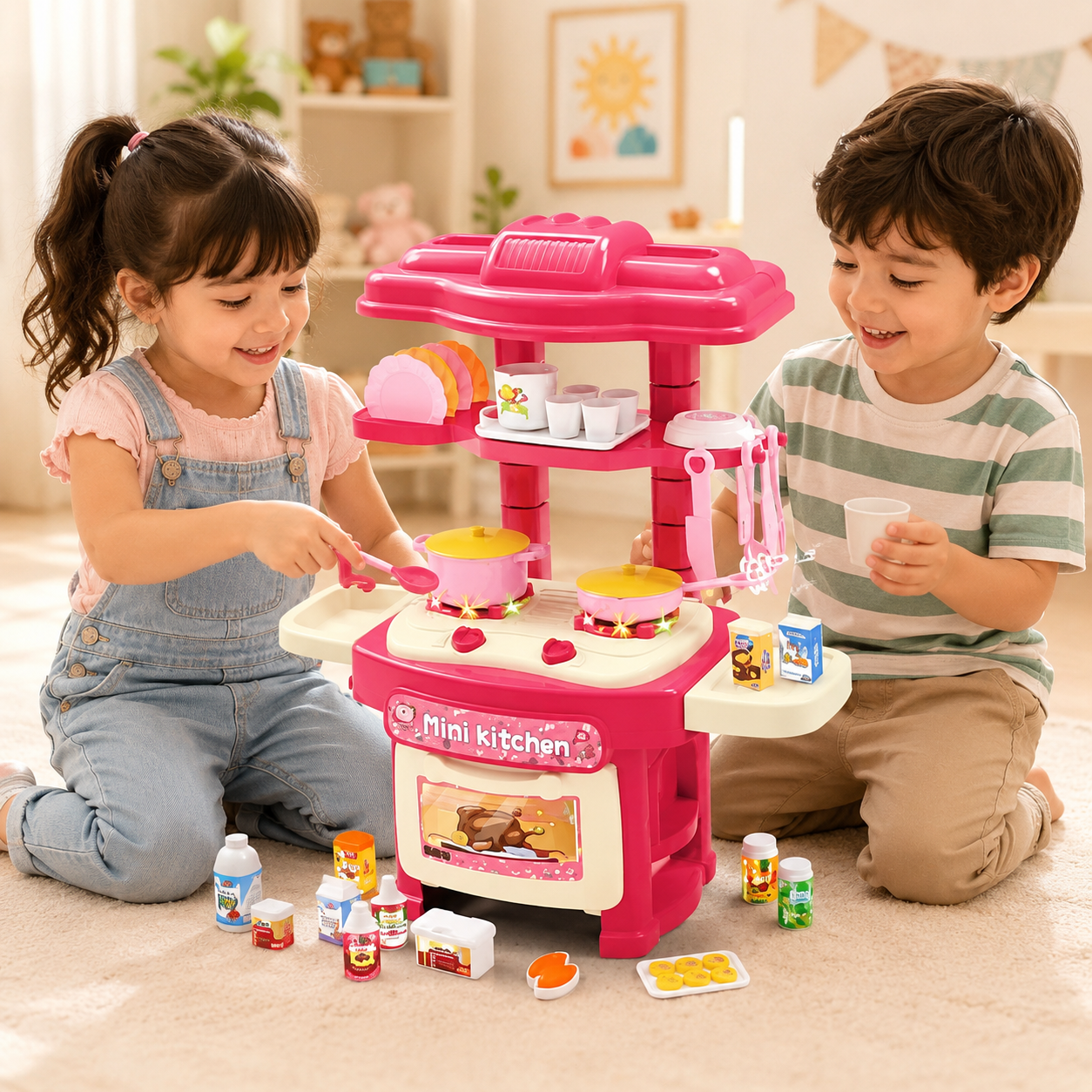 45-Piece Kids Mini Kitchen Play Set with Lights, Sounds, Stove, Sink & Cooking Accessories – Pink - Image 5