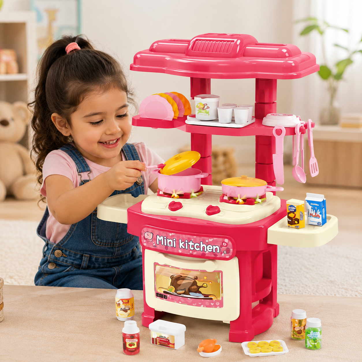 45-Piece Kids Mini Kitchen Play Set with Lights, Sounds, Stove, Sink & Cooking Accessories – Pink - Image 7