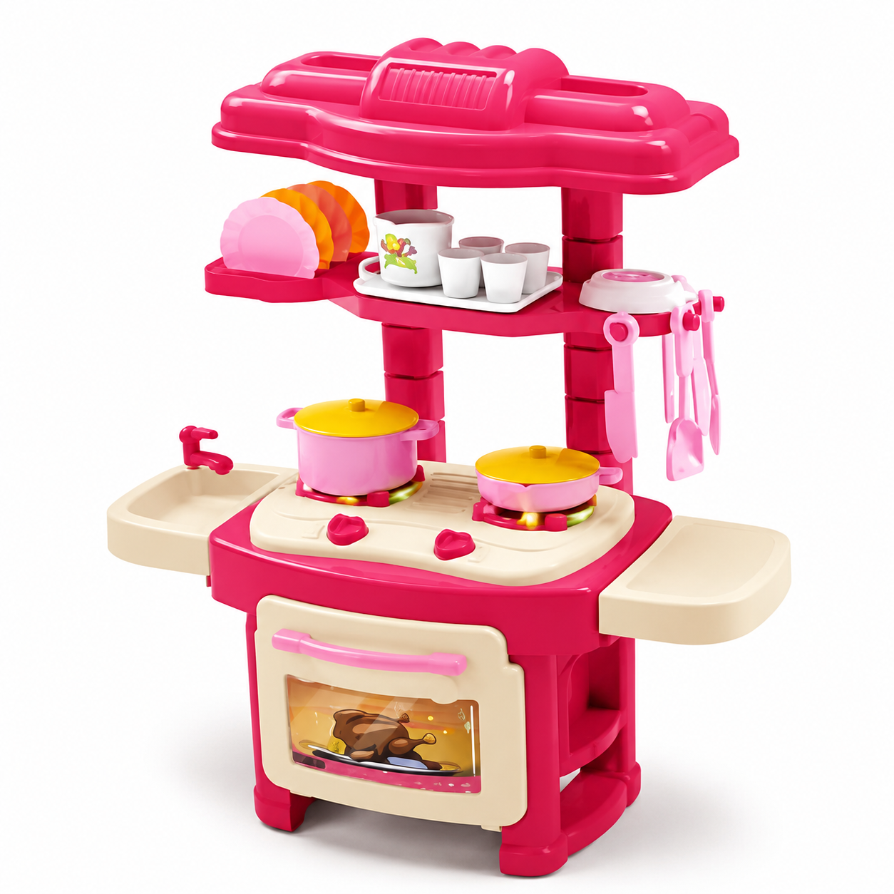 45-Piece Kids Mini Kitchen Play Set with Lights, Sounds, Stove, Sink & Cooking Accessories – Pink
