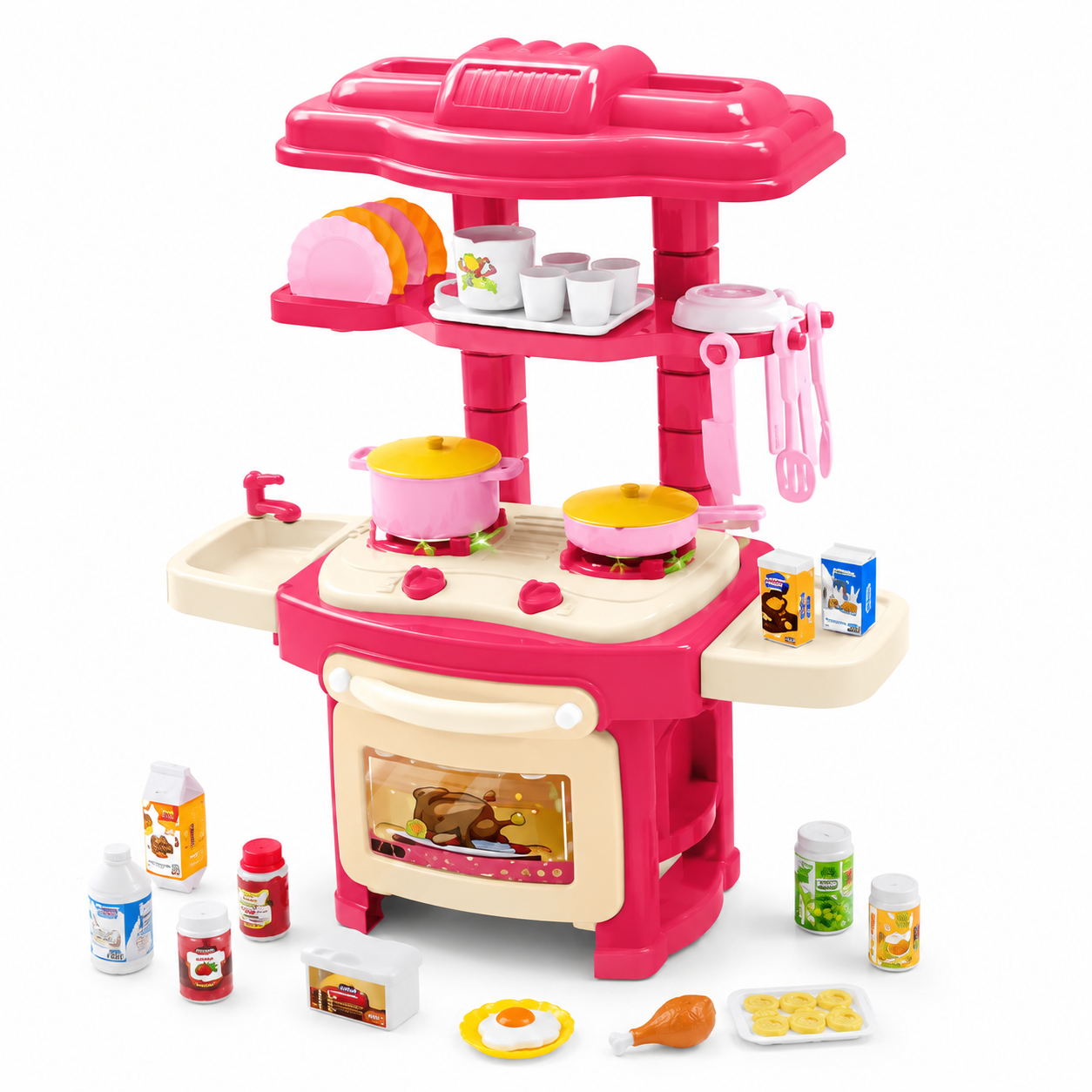 45-Piece Kids Mini Kitchen Play Set with Lights, Sounds, Stove, Sink & Cooking Accessories – Pink - Image 8