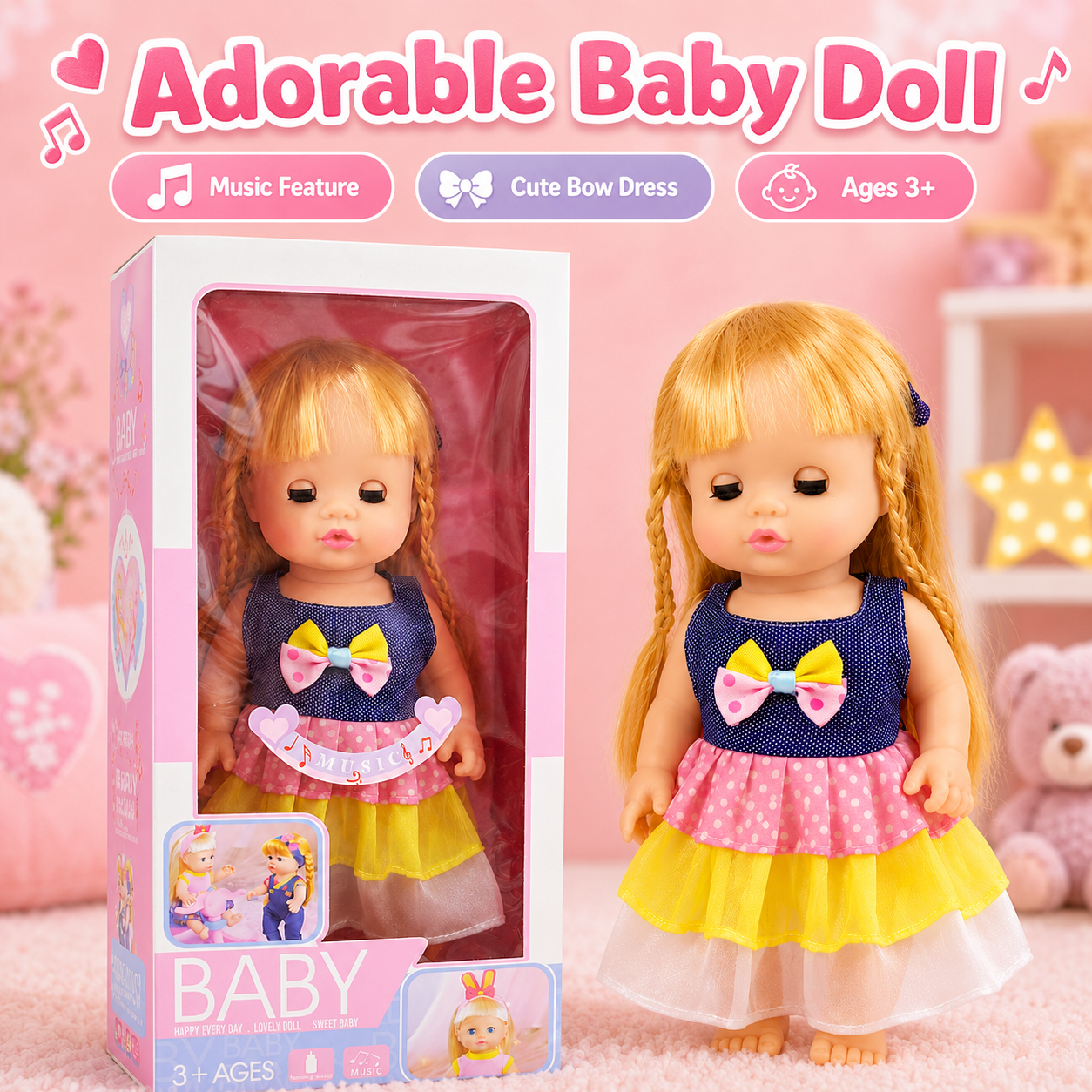 Musical Baby Doll with Realistic Sleeping Eyes & Dress – Pretend Play Toy for Kids 3+ - Image 8
