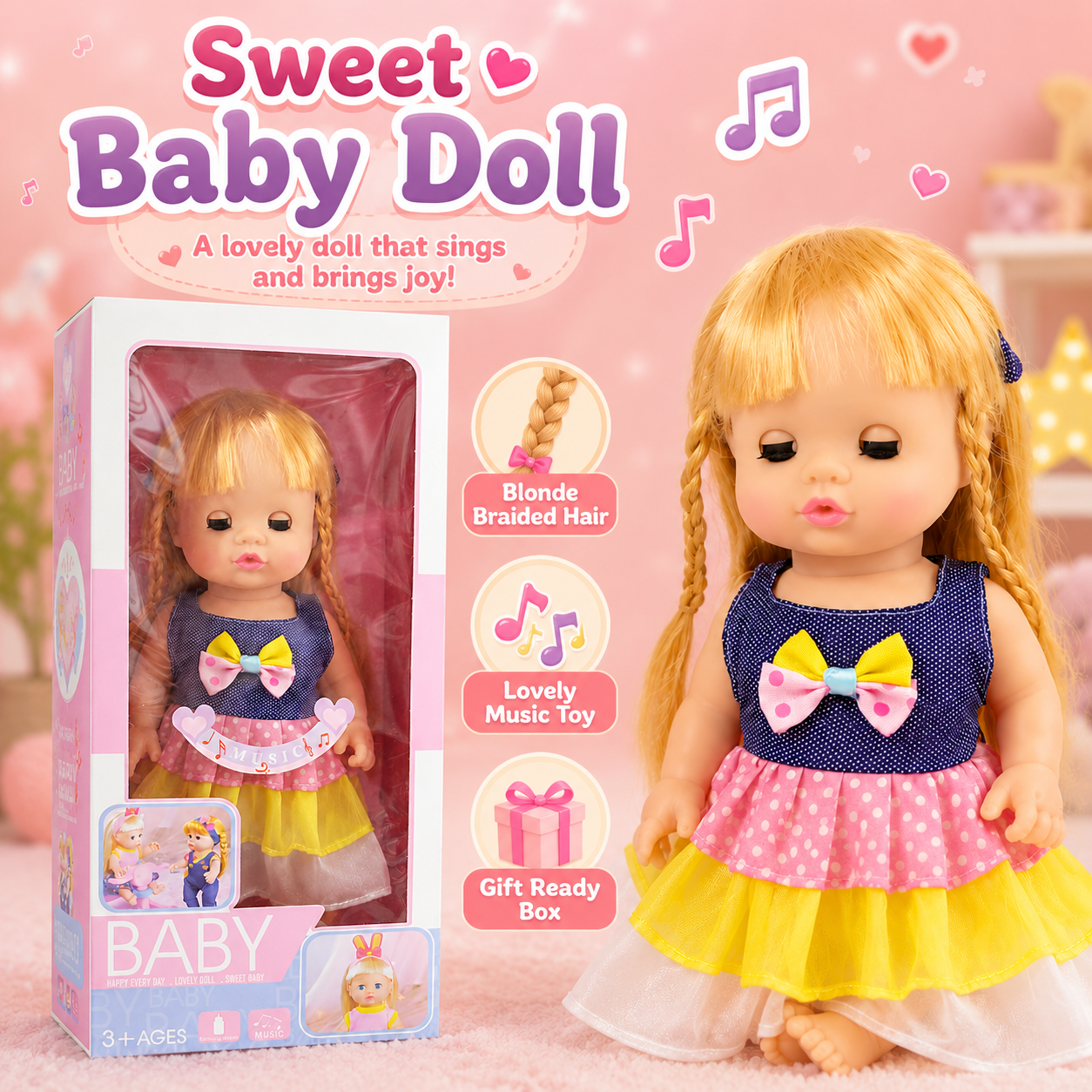 Musical Baby Doll with Realistic Sleeping Eyes & Dress – Pretend Play Toy for Kids 3+ - Image 7