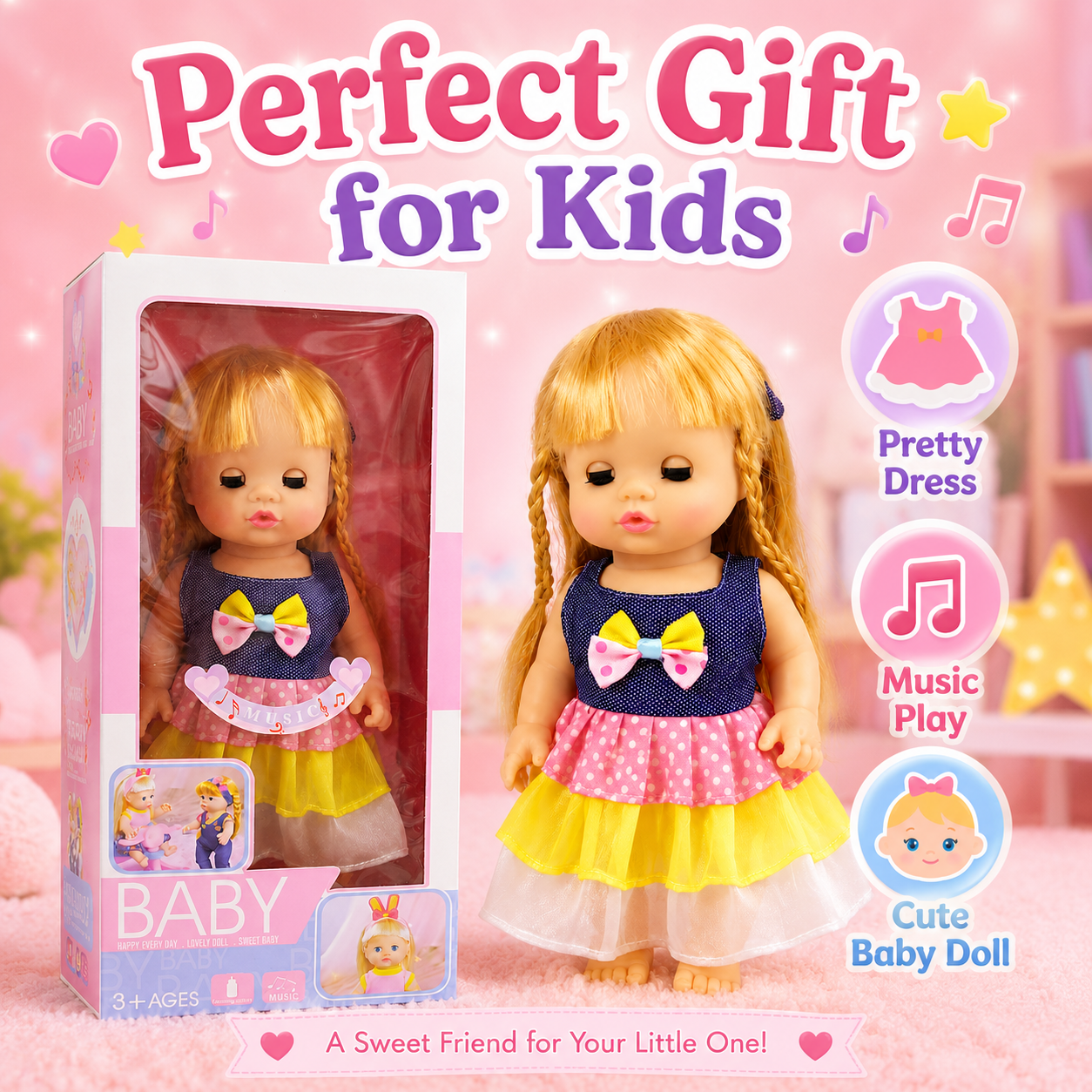 Musical Baby Doll with Realistic Sleeping Eyes & Dress – Pretend Play Toy for Kids 3+ - Image 6