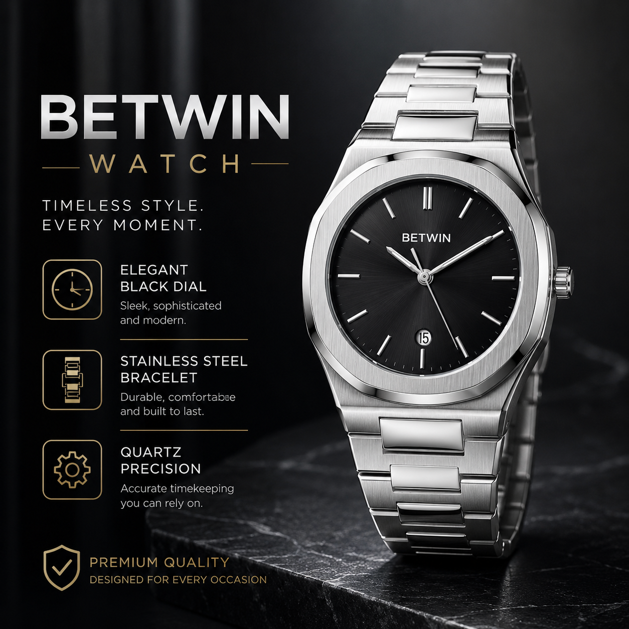 BETWIN Men’s Silver Stainless-Steel Analog Watch with Black Dial & Date Display - Image 11