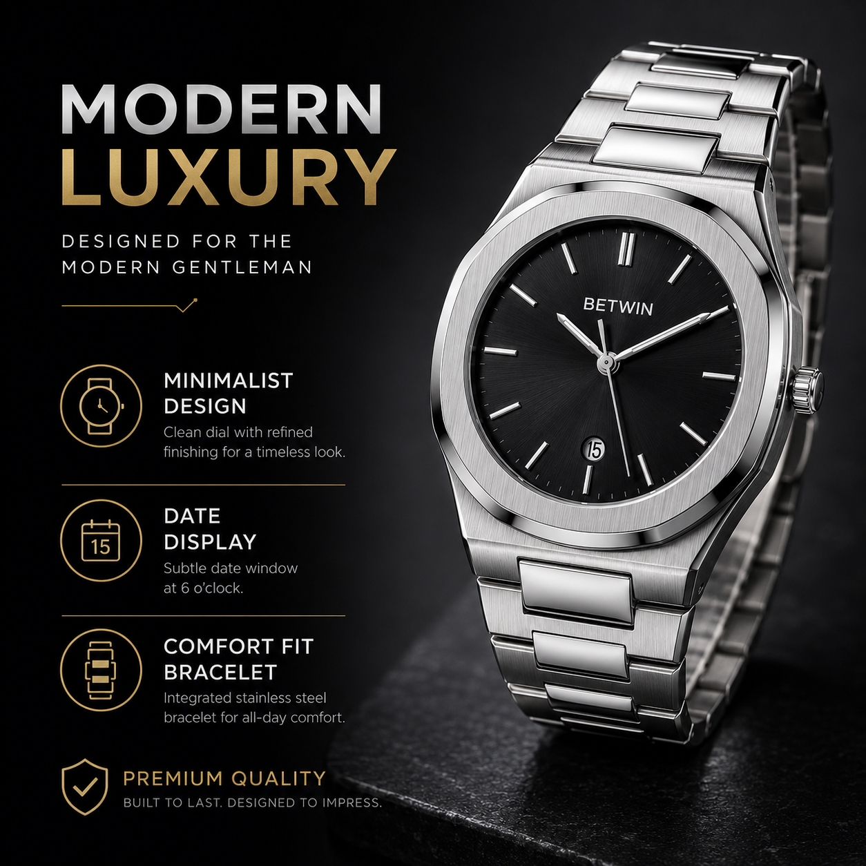BETWIN Men’s Silver Stainless-Steel Analog Watch with Black Dial & Date Display - Image 10