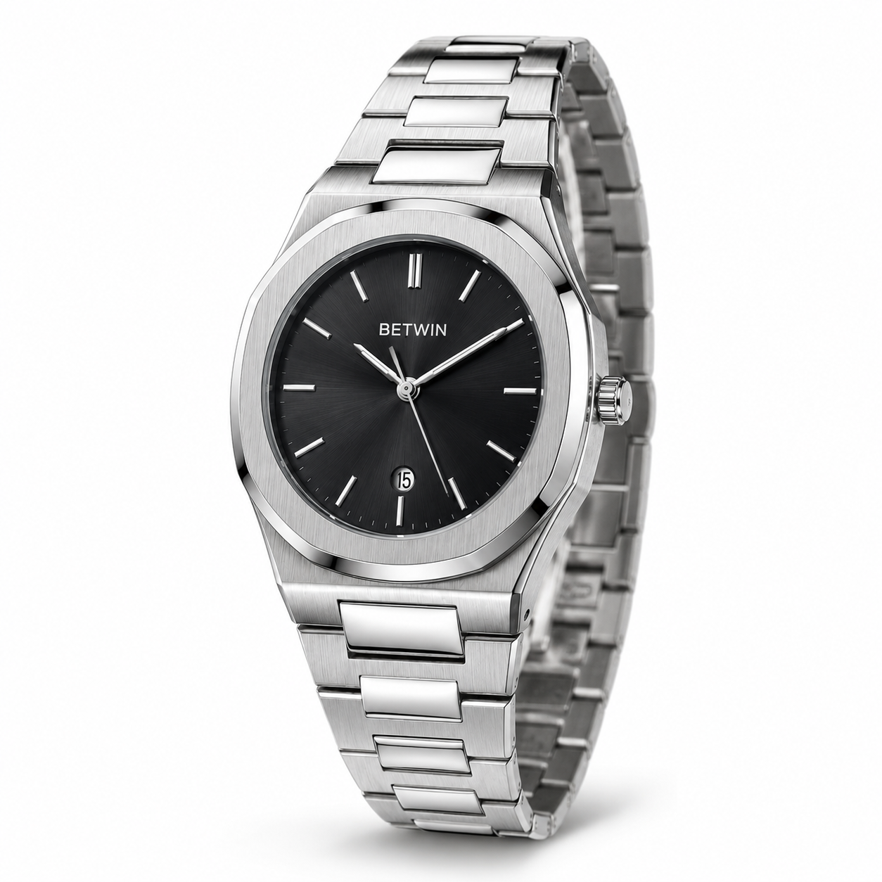 BETWIN Men’s Silver Stainless-Steel Analog Watch with Black Dial & Date Display