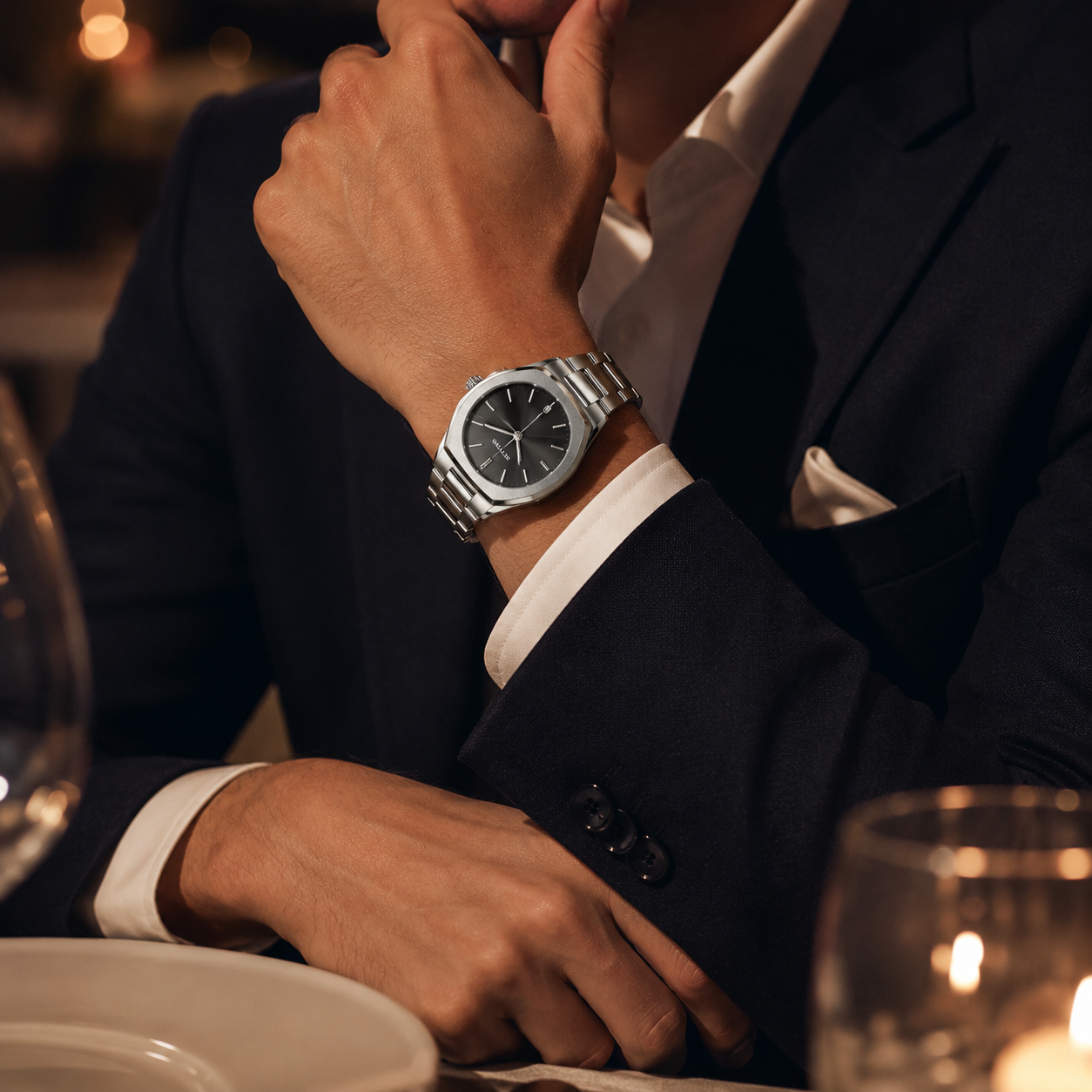 BETWIN Men’s Silver Stainless-Steel Analog Watch with Black Dial & Date Display - Image 4