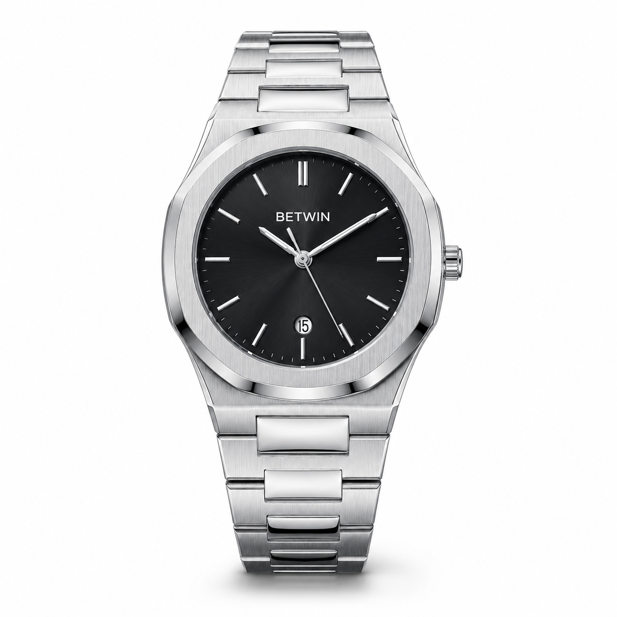 BETWIN Men’s Silver Stainless-Steel Analog Watch with Black Dial & Date Display - Image 6
