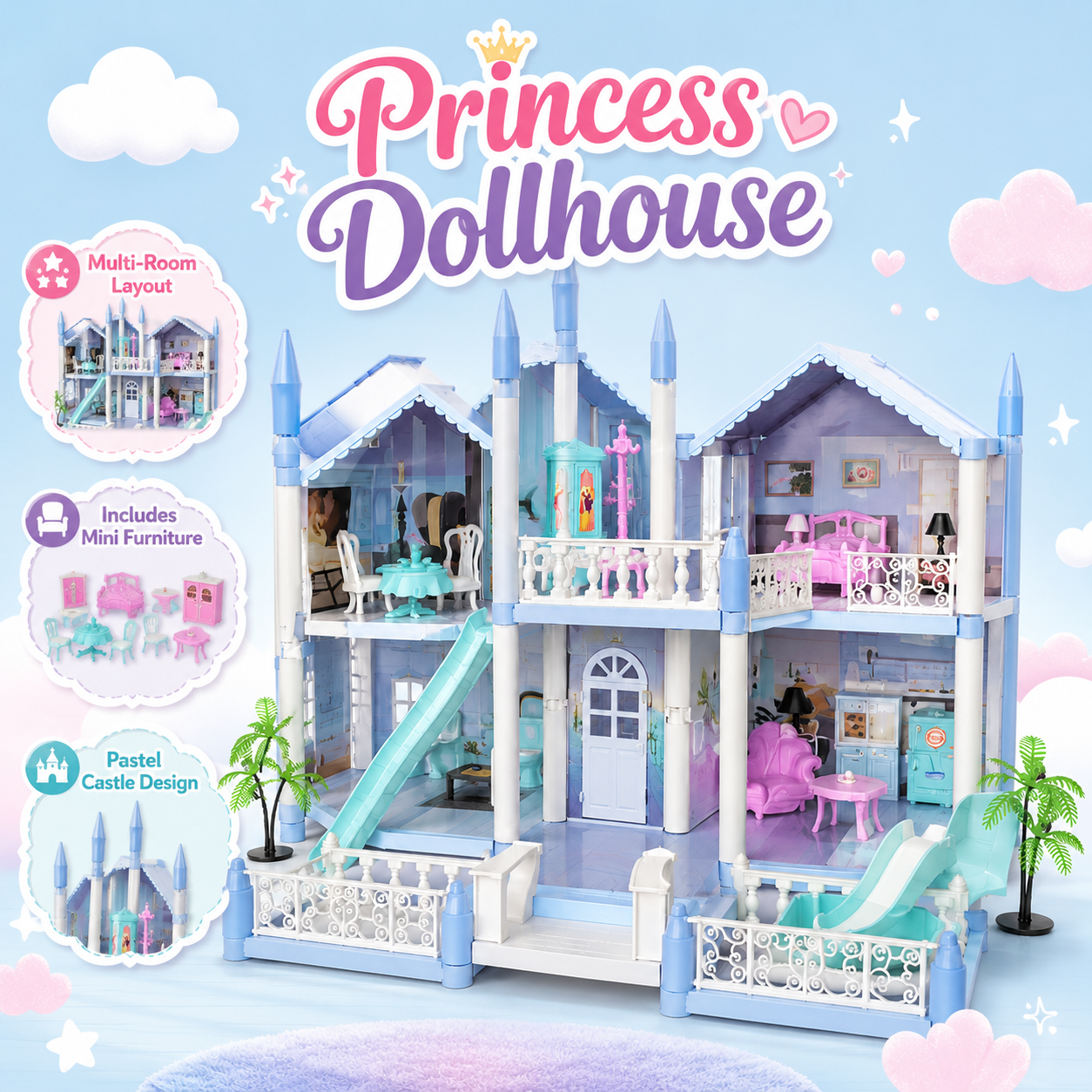 Kids DIY Princess Castle Dollhouse Playset with Furniture and Accessories – Ages 6+ - Image 2