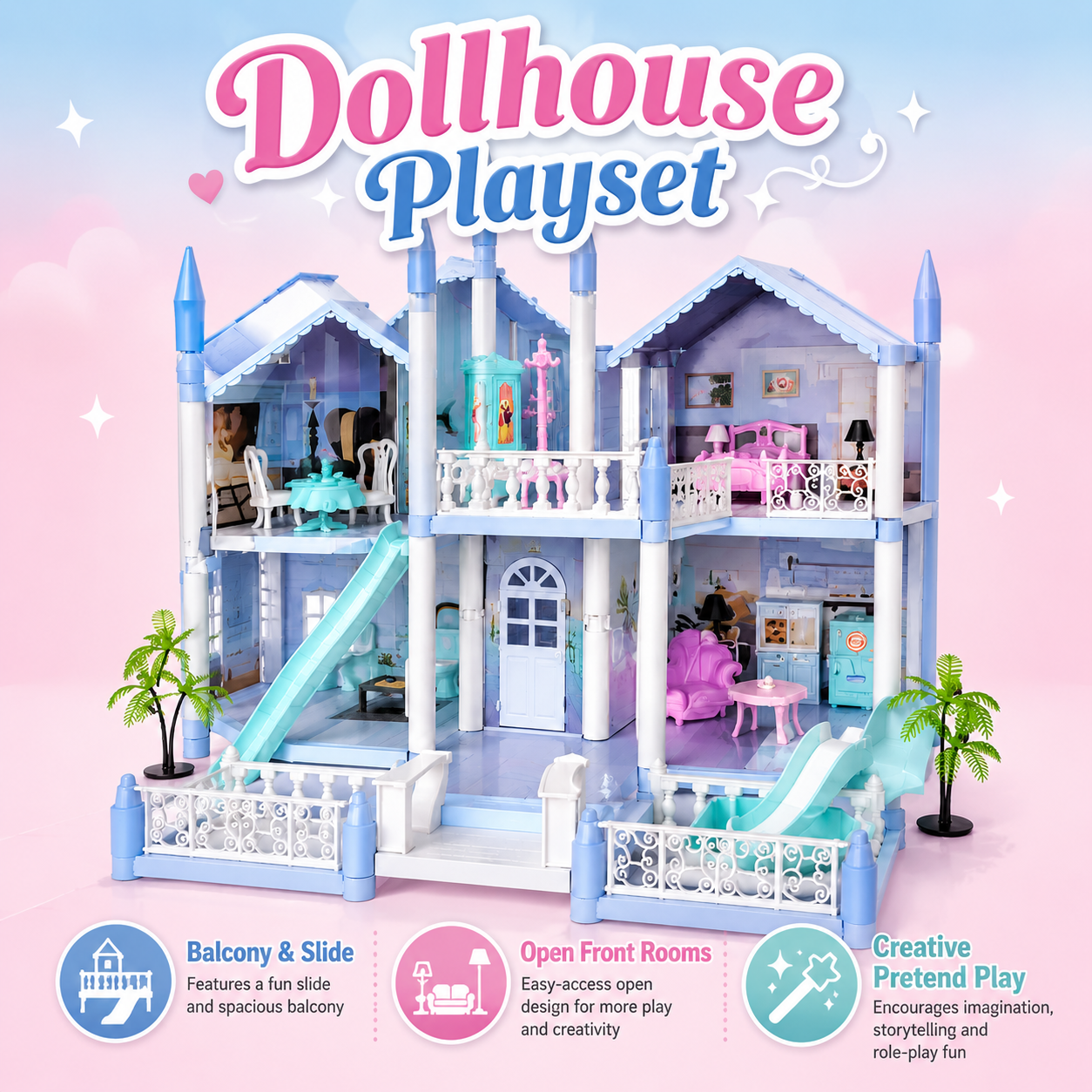 Kids DIY Princess Castle Dollhouse Playset with Furniture and Accessories – Ages 6+ - Image 3