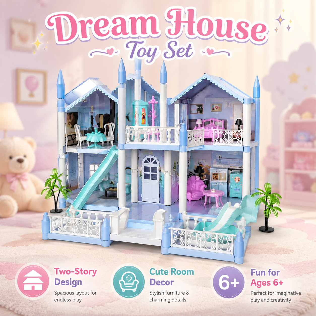 Kids DIY Princess Castle Dollhouse Playset with Furniture and Accessories – Ages 6+ - Image 4