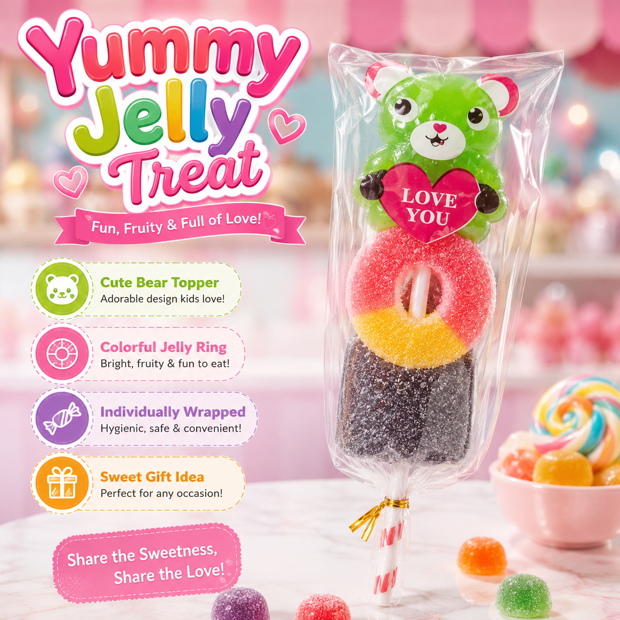 Yummy Jelly Candy Stick for Kids 30Pcs – Cute Bear Love You Gummy Lollipop with Fruit Jelly Rings, Sweet Gift Snack for Birthday, Party & Treats - Image 7