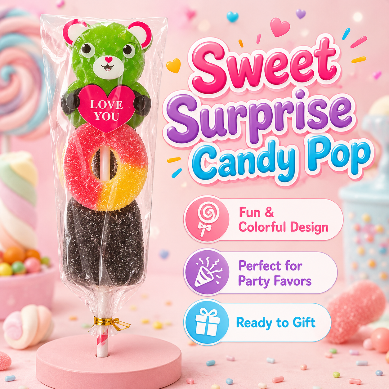 Yummy Jelly Candy Stick for Kids 30Pcs – Cute Bear Love You Gummy Lollipop with Fruit Jelly Rings, Sweet Gift Snack for Birthday, Party & Treats - Image 5