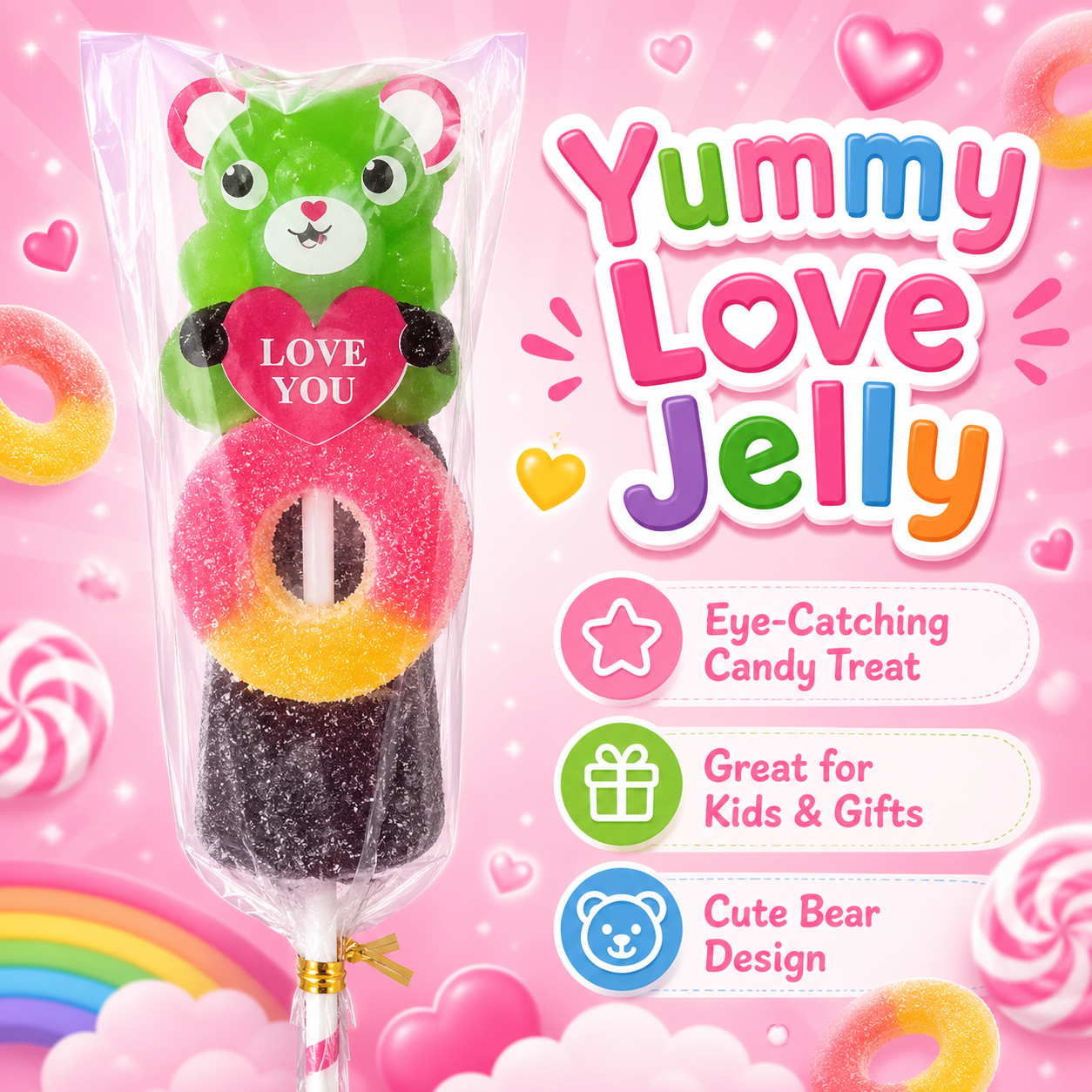 Yummy Jelly Candy Stick for Kids 30Pcs – Cute Bear Love You Gummy Lollipop with Fruit Jelly Rings, Sweet Gift Snack for Birthday, Party & Treats - Image 6