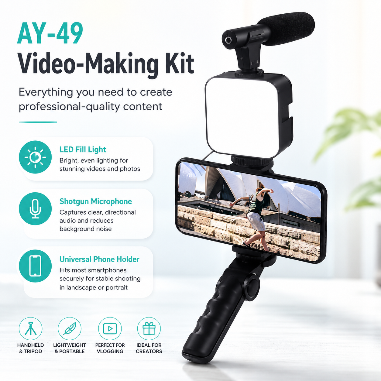 AY-49 Video Making Kit for Mobile Phone – Vlogging Tripod Set with LED Fill Light, Microphone, Phone Holder & Remote for Live Streaming - Image 5