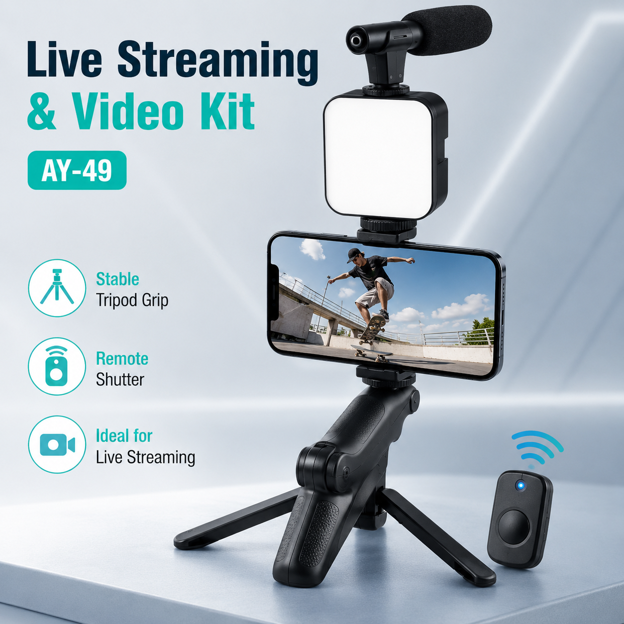 AY-49 Video Making Kit for Mobile Phone – Vlogging Tripod Set with LED Fill Light, Microphone, Phone Holder & Remote for Live Streaming - Image 7