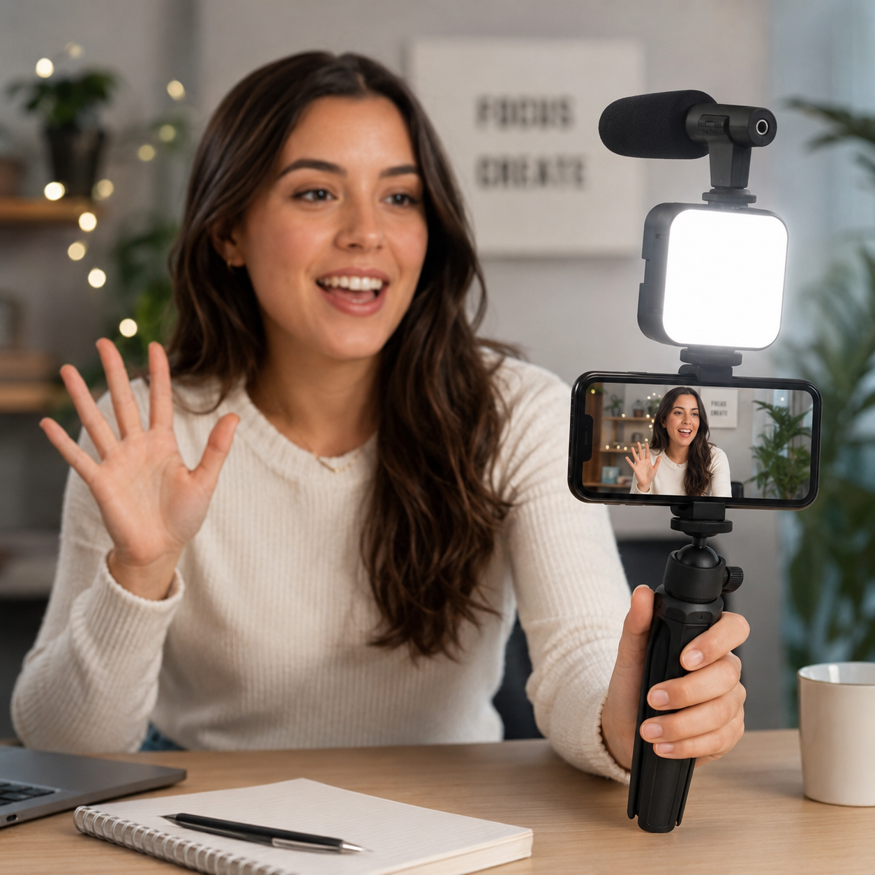 AY-49 Video Making Kit for Mobile Phone – Vlogging Tripod Set with LED Fill Light, Microphone, Phone Holder & Remote for Live Streaming - Image 3