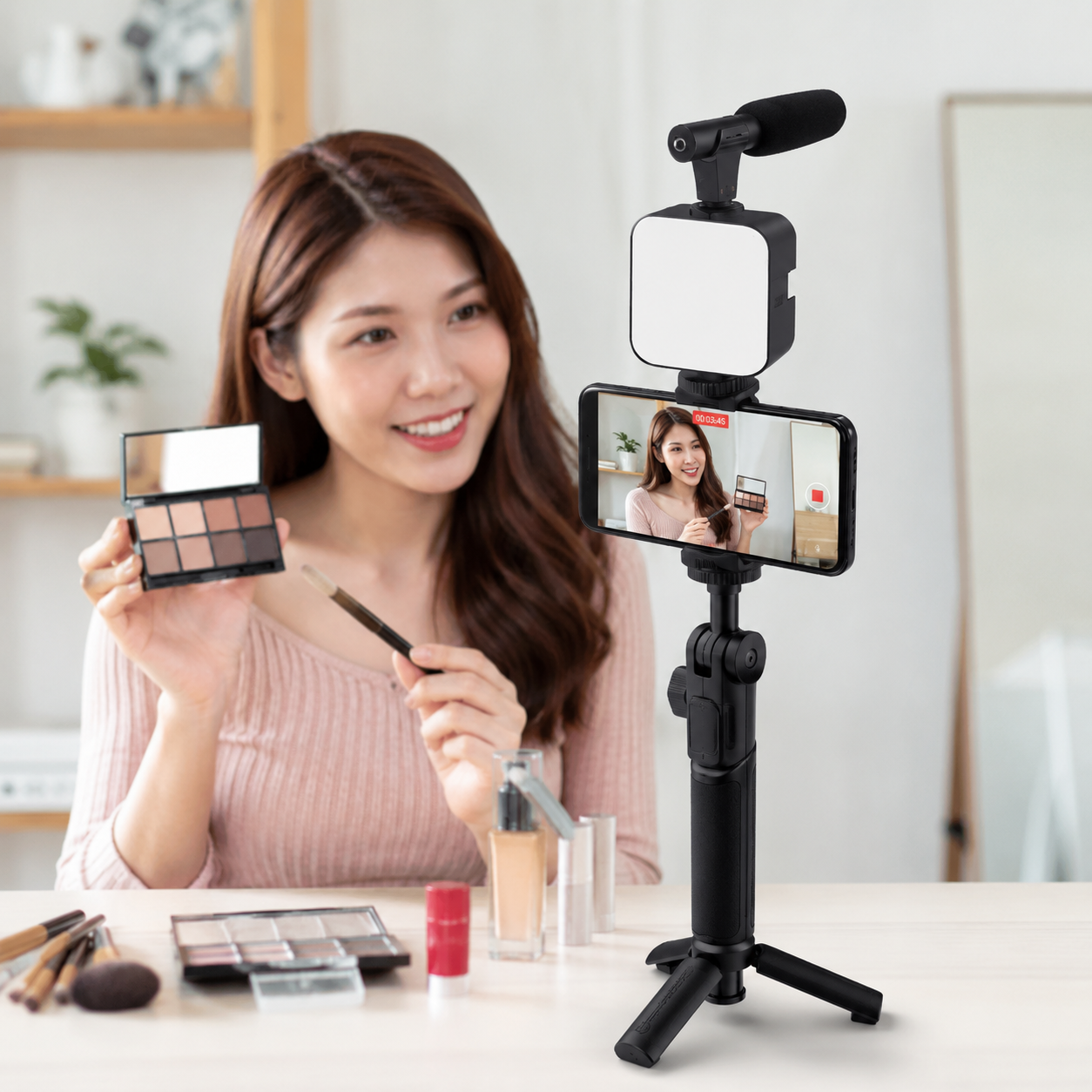 AY-49 Video Making Kit for Mobile Phone – Vlogging Tripod Set with LED Fill Light, Microphone, Phone Holder & Remote for Live Streaming - Image 2