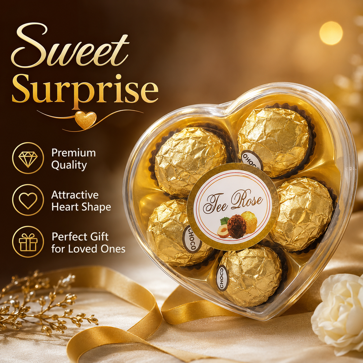 Heart Shape Chocolate Gift Box 5 Pcs – Gold Foil Wrapped Chocolate Balls, Cute Candy Gift Pack for Birthday, Wedding, Valentine & Party Favors - Image 7