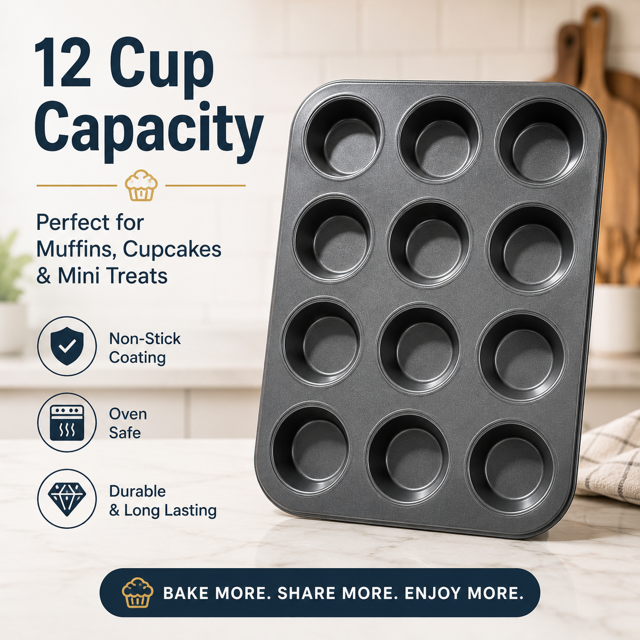 12-Cup Non-Stick Muffin and Cupcake Baking Tray – Carbon Steel Oven Pan - Image 2