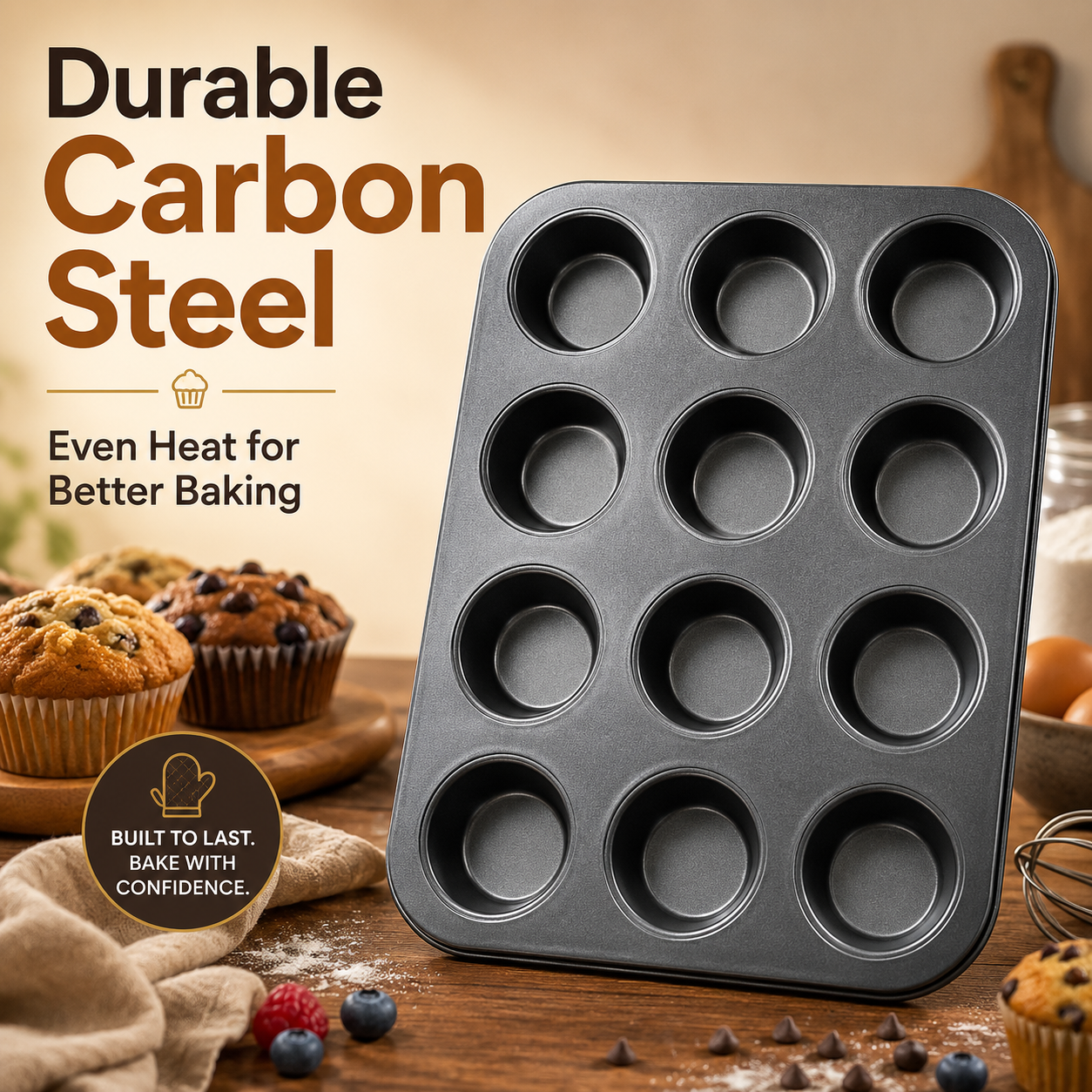 12-Cup Non-Stick Muffin and Cupcake Baking Tray – Carbon Steel Oven Pan - Image 5