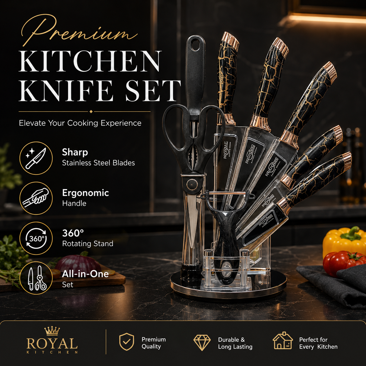 HX Kitchen Stainless Steel Knife Set with Rotating Stand, Kitchen Scissors, Peeler & Sharpener - Image 3