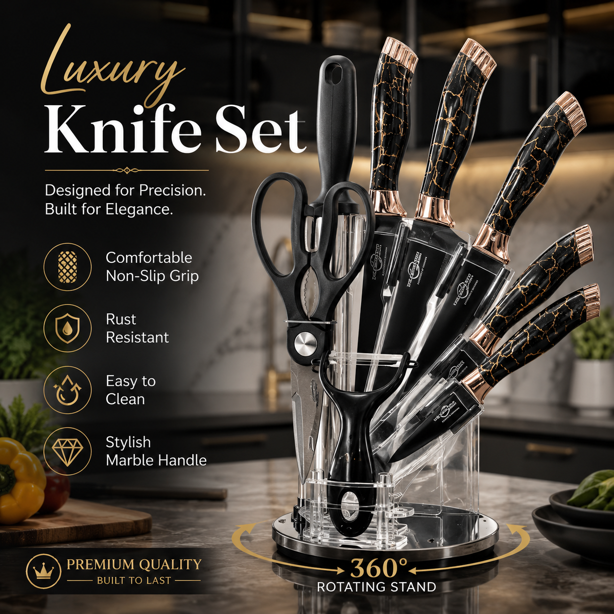 HX Kitchen Stainless Steel Knife Set with Rotating Stand, Kitchen Scissors, Peeler & Sharpener - Image 7