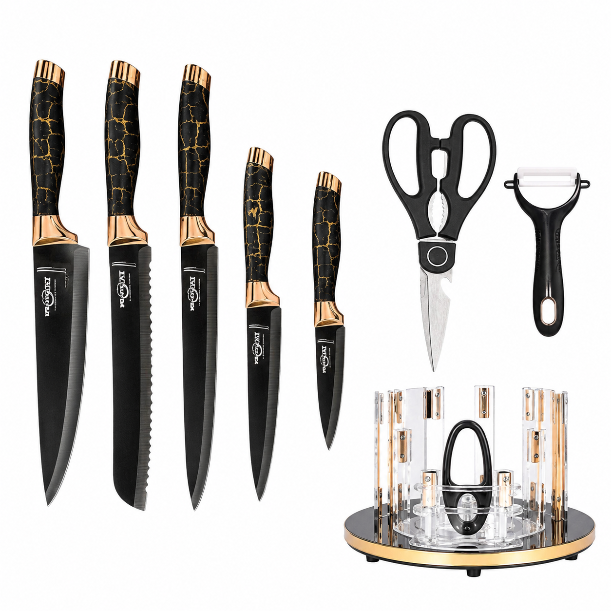 HX Kitchen Stainless Steel Knife Set with Rotating Stand, Kitchen Scissors, Peeler & Sharpener - Image 2