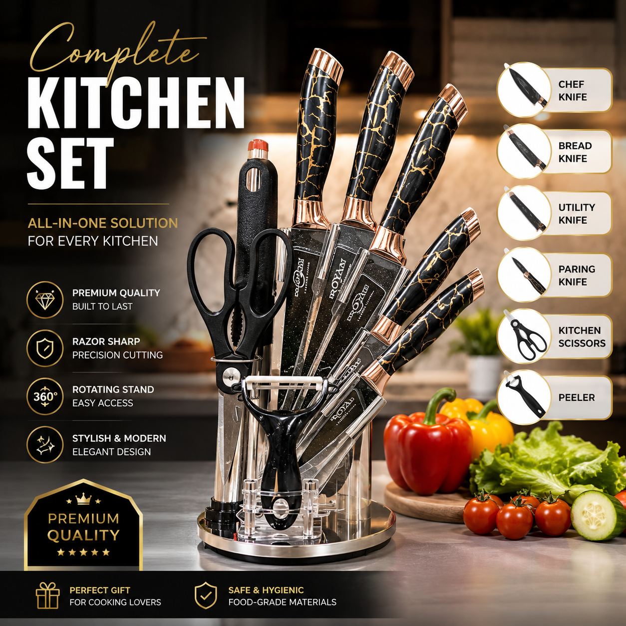HX Kitchen Stainless Steel Knife Set with Rotating Stand, Kitchen Scissors, Peeler & Sharpener - Image 6