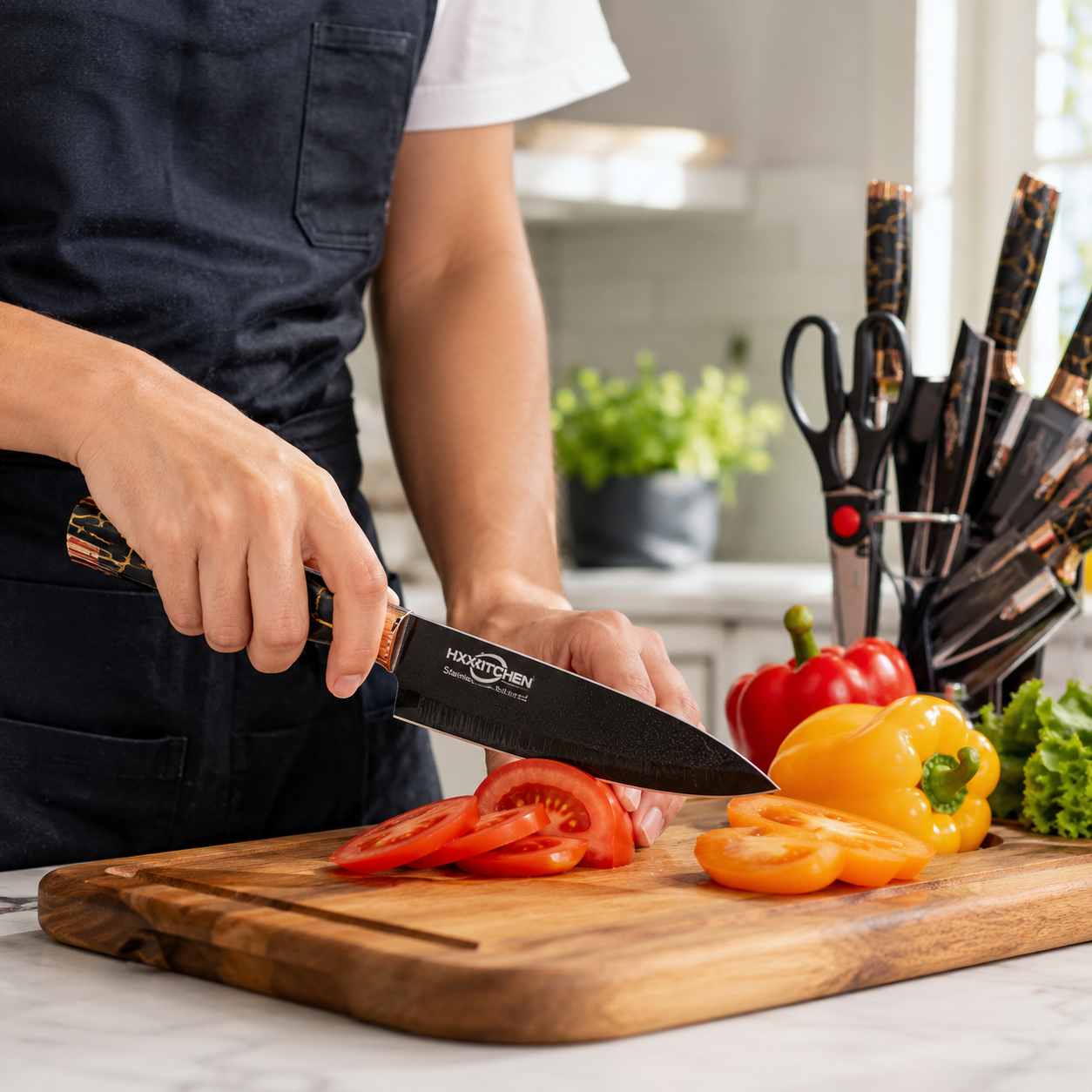 HX Kitchen Stainless Steel Knife Set with Rotating Stand, Kitchen Scissors, Peeler & Sharpener - Image 5