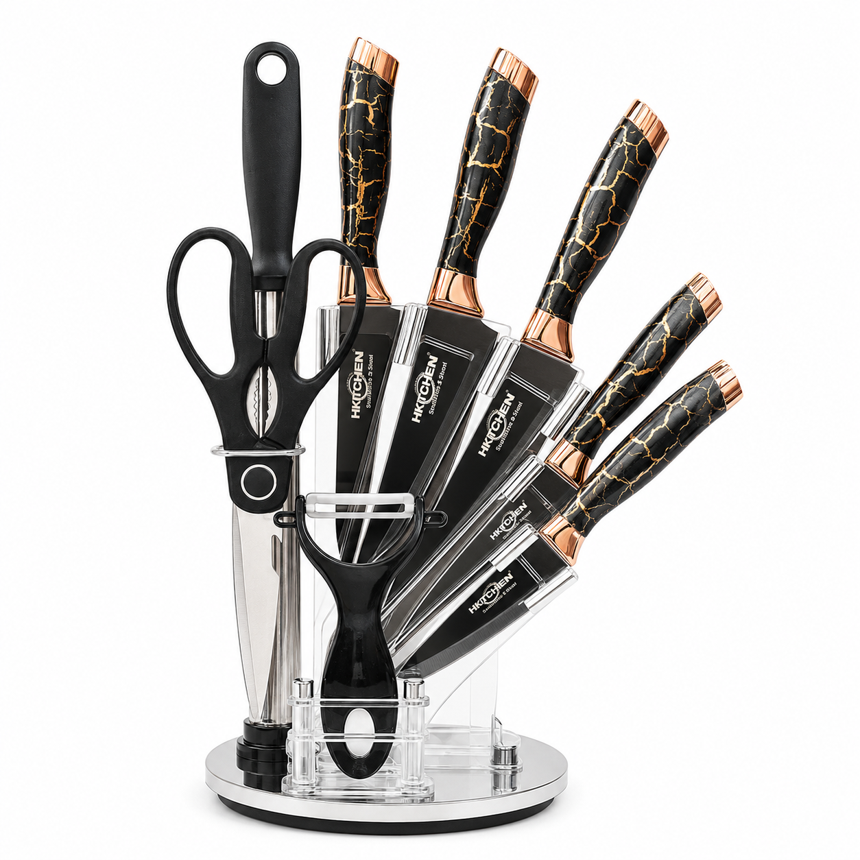 HX Kitchen Stainless Steel Knife Set with Rotating Stand, Kitchen Scissors, Peeler & Sharpener
