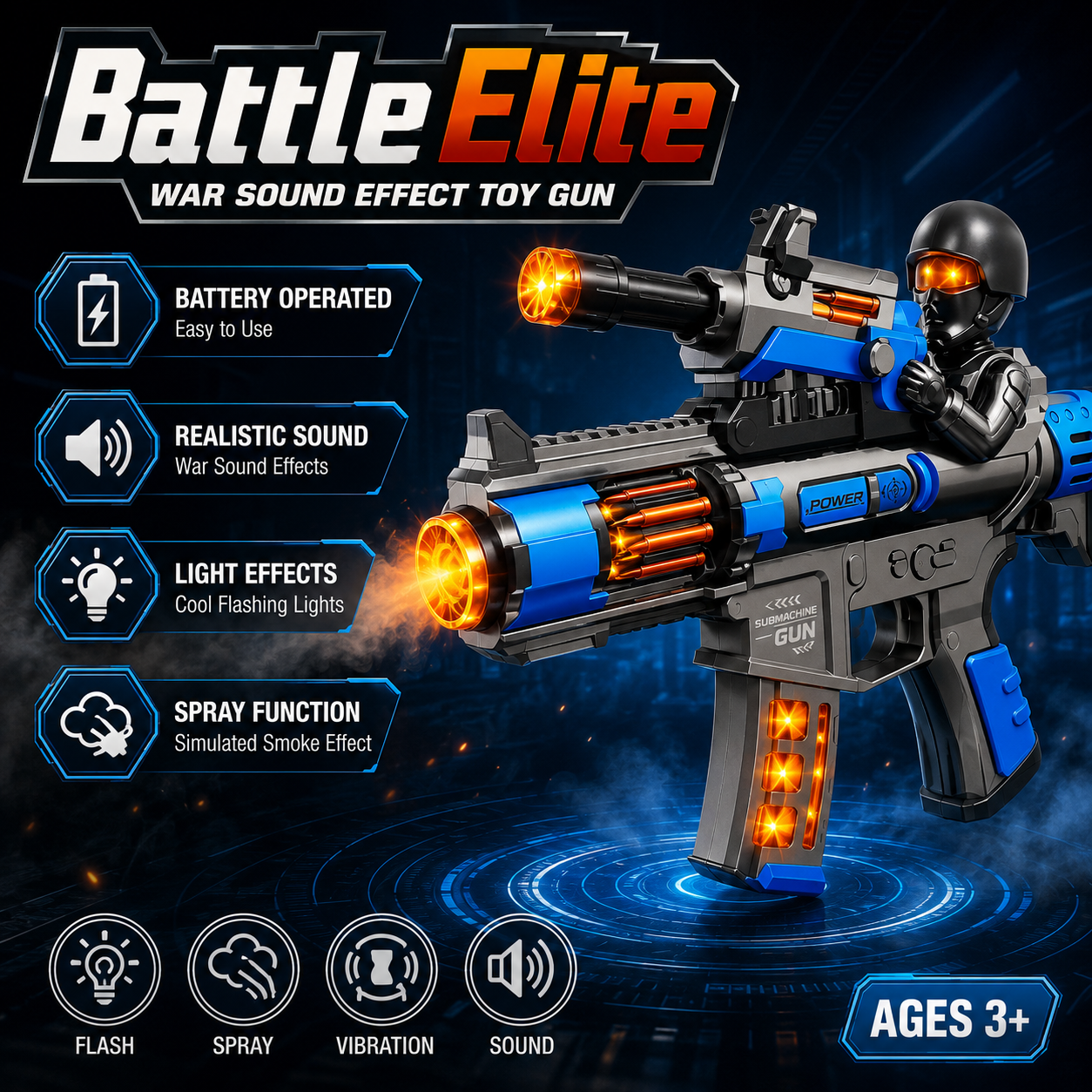Battle Elite 8033 Battery-Operated Toy Gun with Spray, Lights, Music & Sound Effects for Kids - Image 9